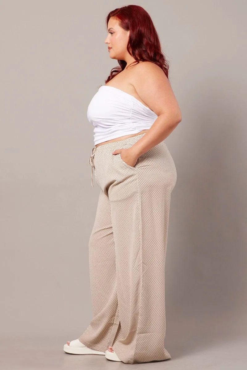 Beige Geo Wide Leg Pants High Rise