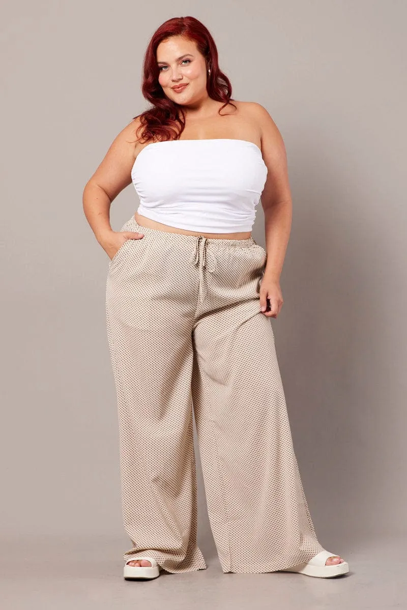 Beige Geo Wide Leg Pants High Rise