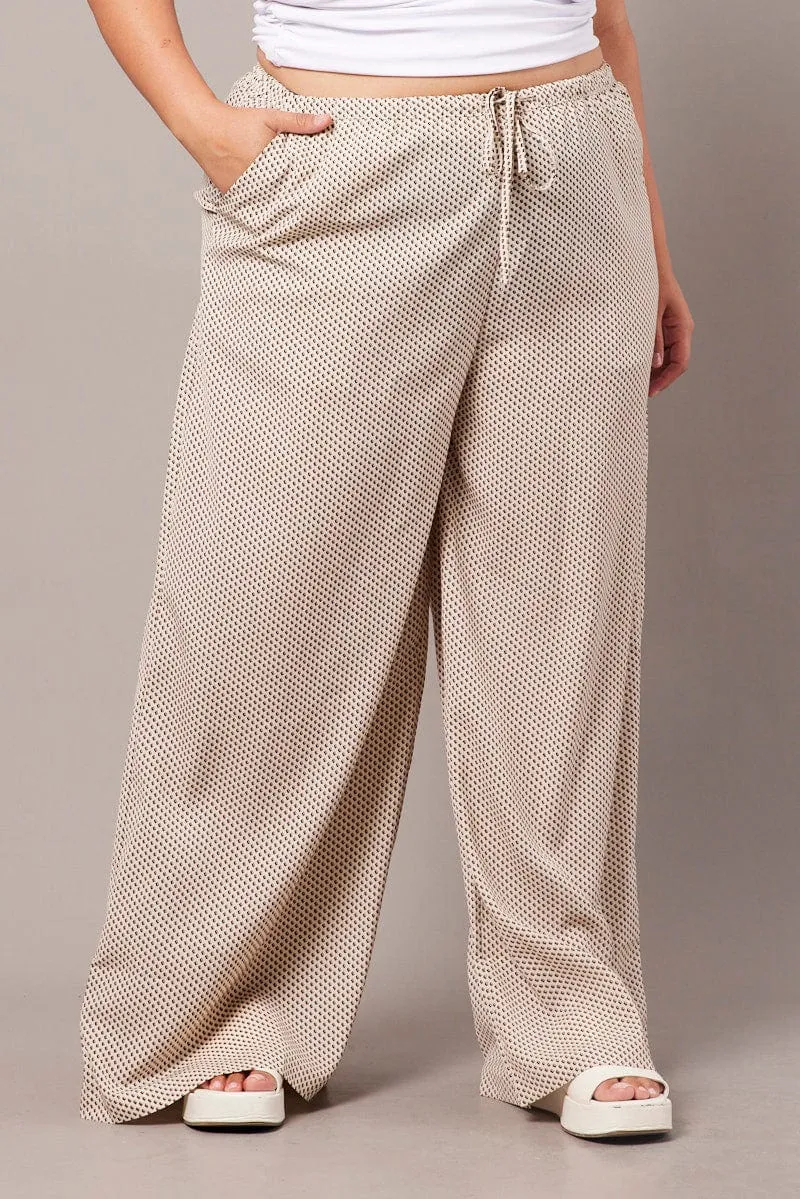 Beige Geo Wide Leg Pants High Rise