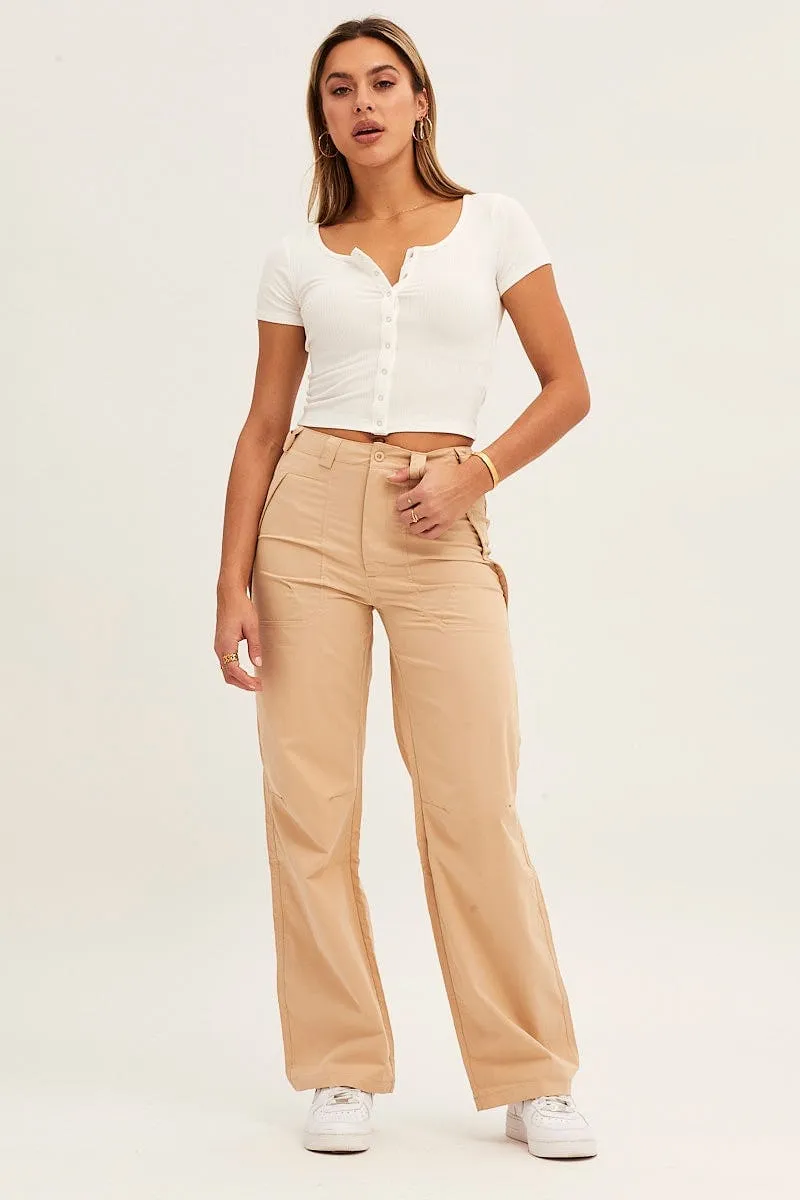 Beige Wide Leg Carpenter Pants