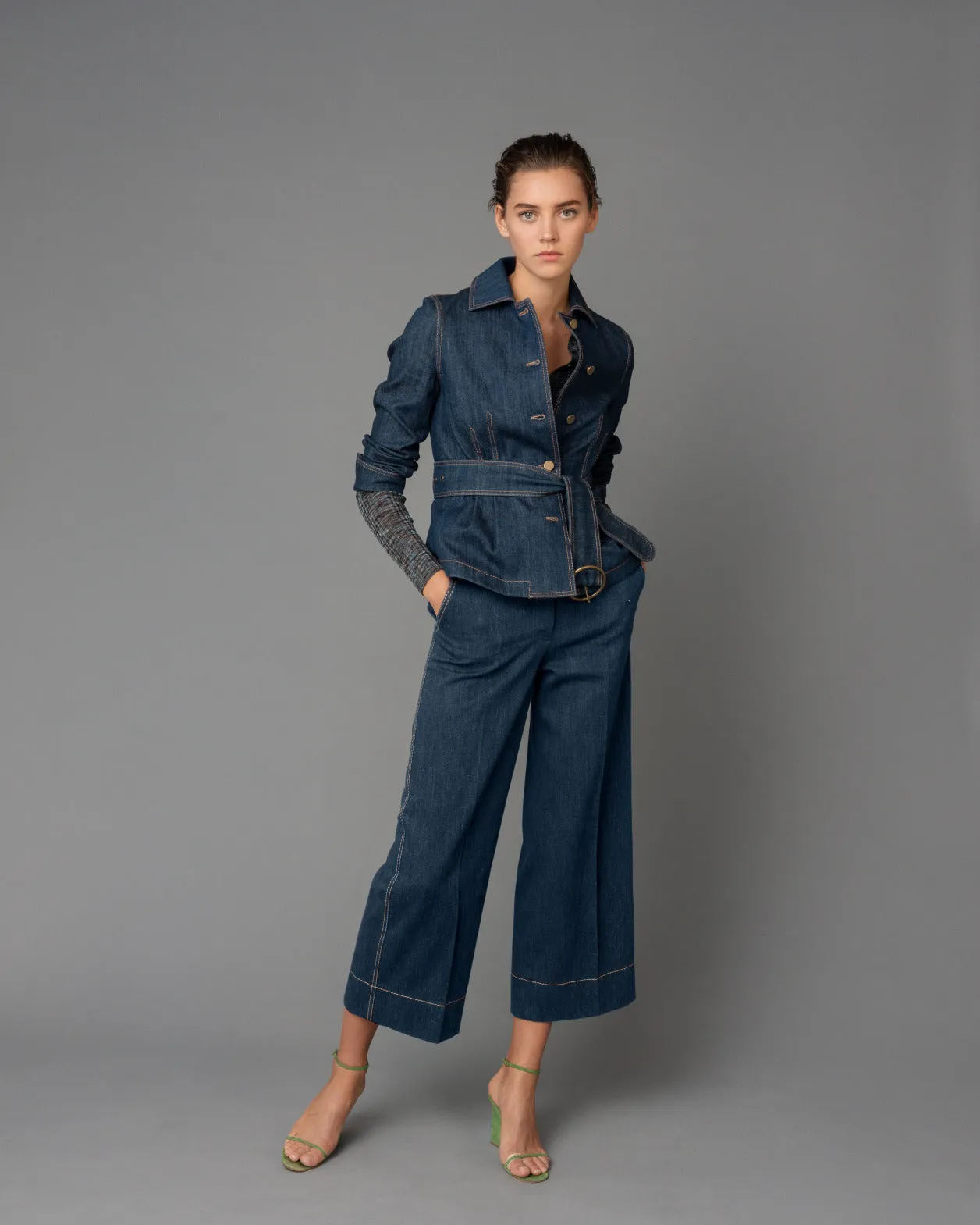 Belted Cotton Denim Stretch Jacket