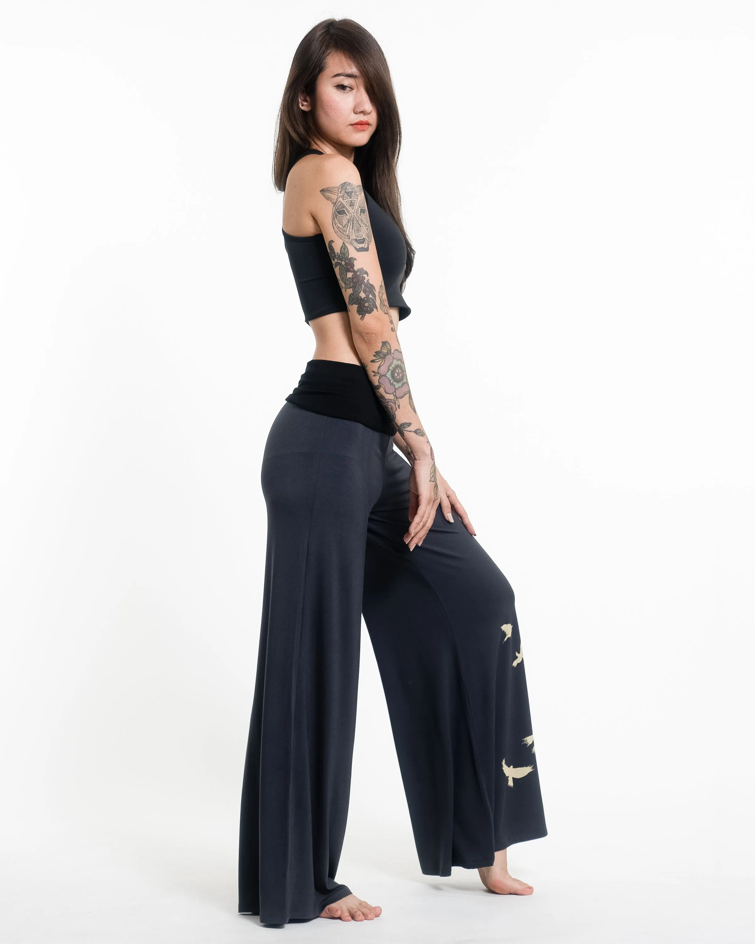 Birds Spandex Wide Leg Palazzo Pants in Gray