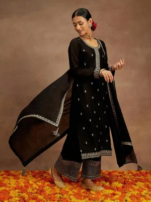 Black Embroidered Silk Blend Straight Suit With Dupatta