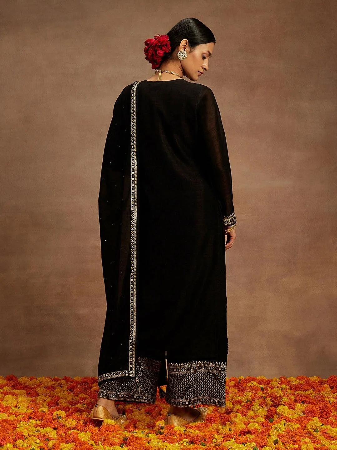 Black Embroidered Silk Blend Straight Suit With Dupatta