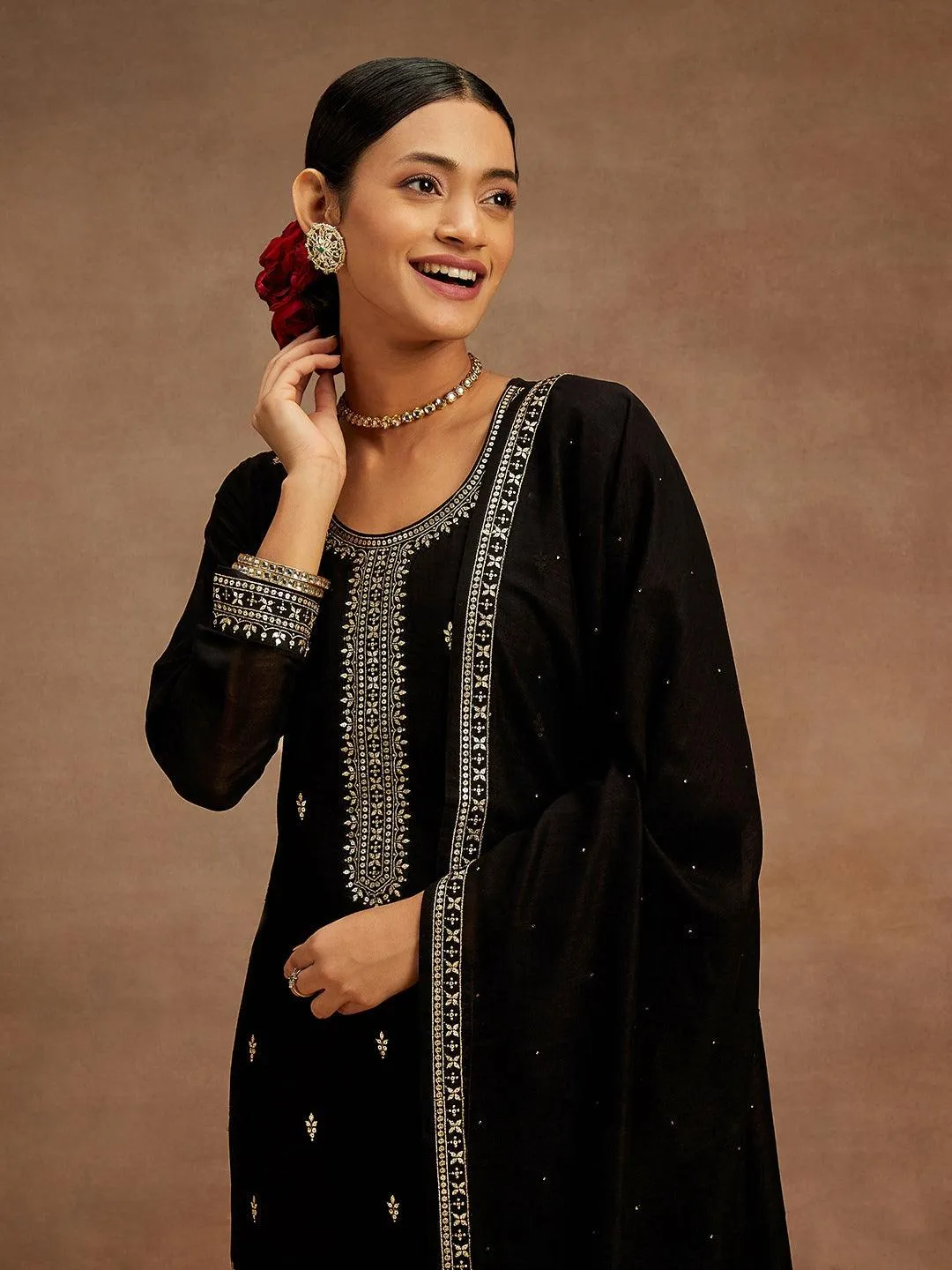 Black Embroidered Silk Blend Straight Suit With Dupatta