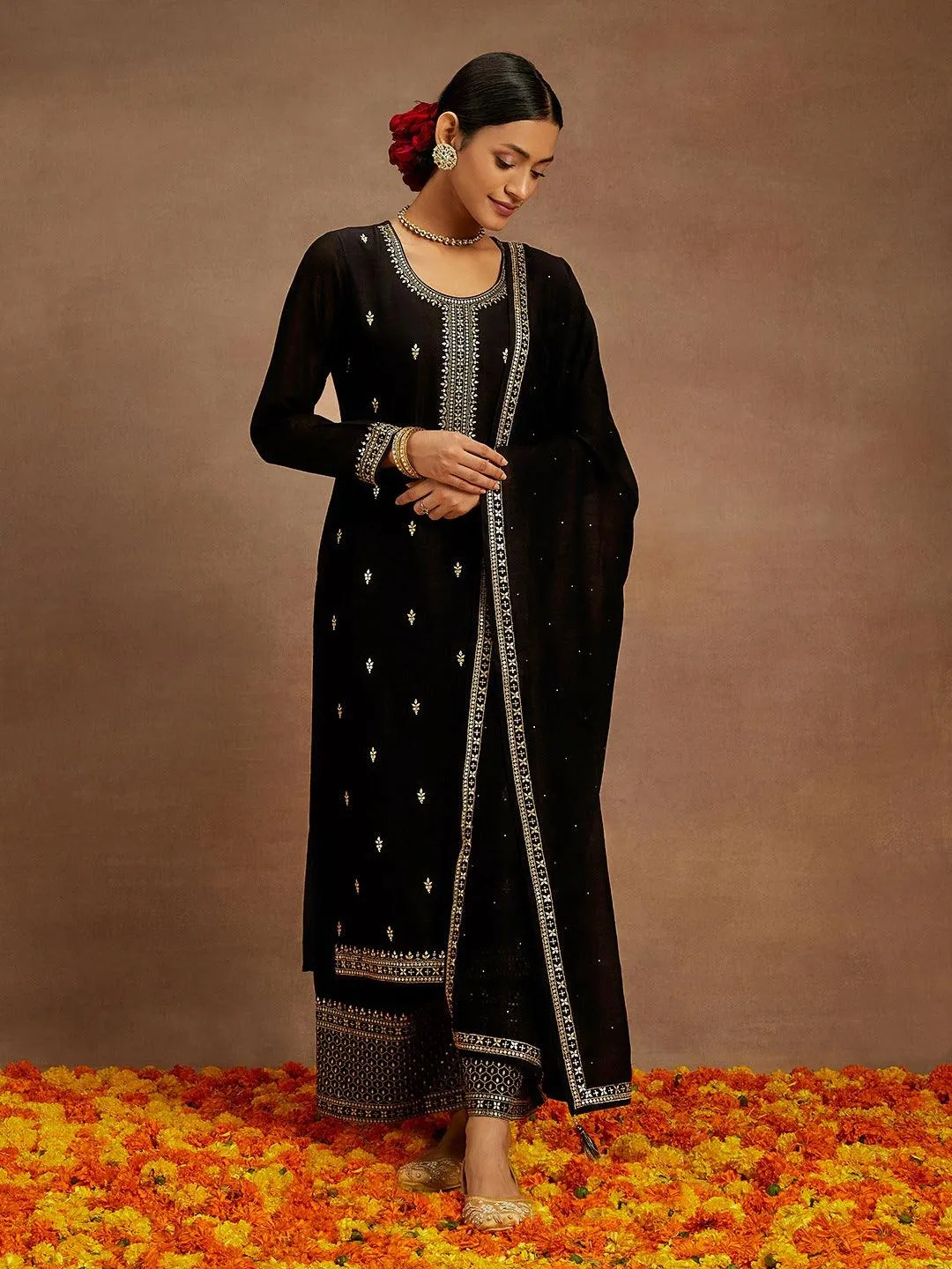 Black Embroidered Silk Blend Straight Suit With Dupatta