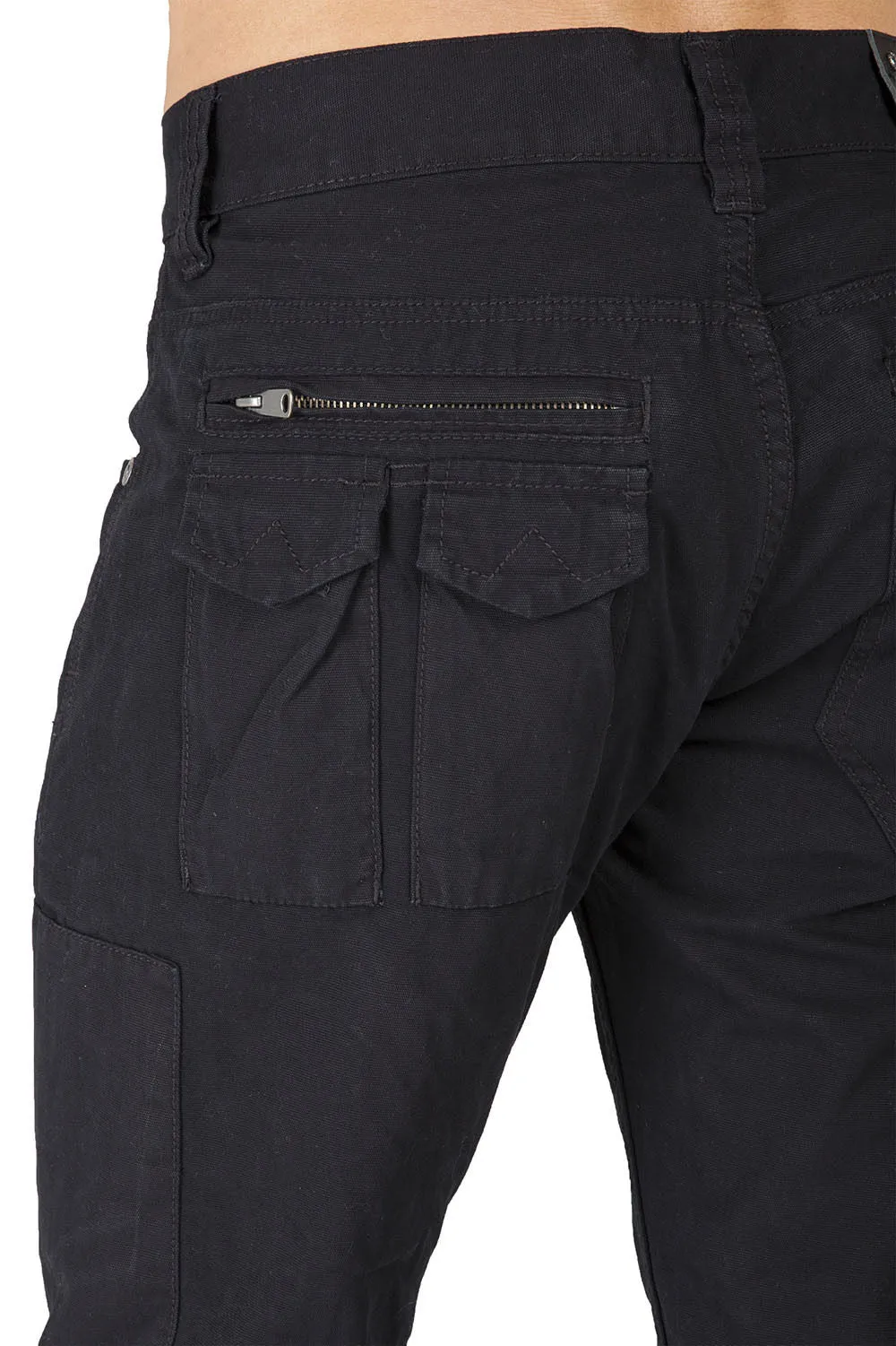 Black Relaxed Straight Premium Canvas Zipper Cargo Pocket Jeans, Garment Washed