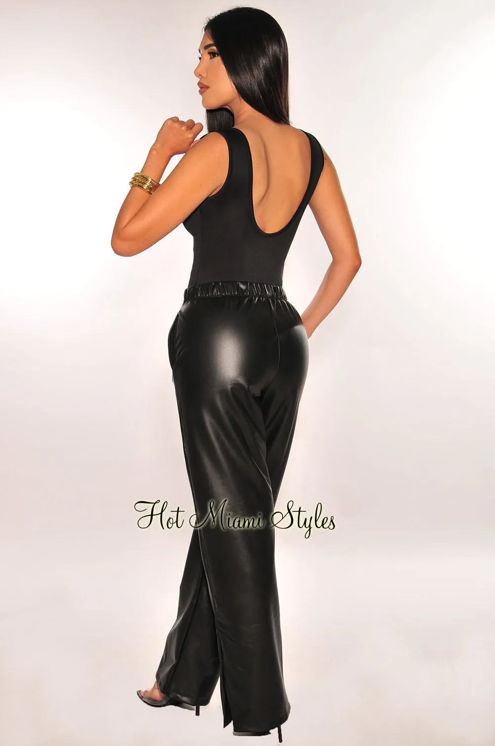 Black Sleeveless Zipper Bodysuit Faux Leather Palazzo Pants Two Piece