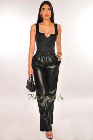 Black Sleeveless Zipper Bodysuit Faux Leather Palazzo Pants Two Piece