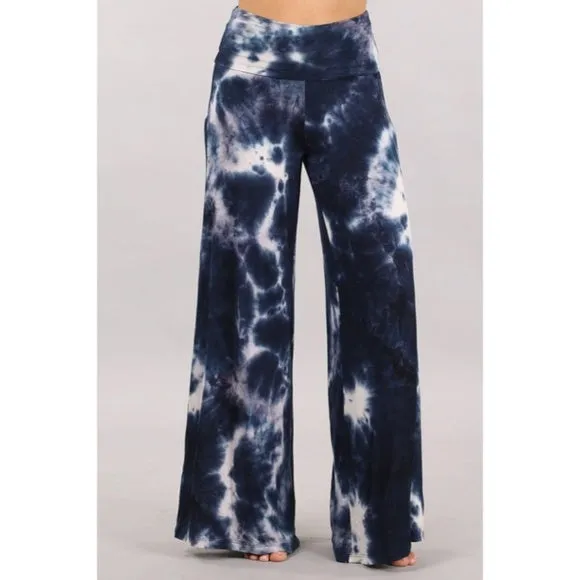 Bohemian Navy Tie Dye Foldover High Waist Wide Leg Palazzo Lounge Stretch Pants