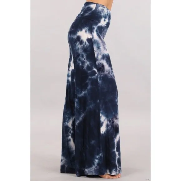 Bohemian Navy Tie Dye Foldover High Waist Wide Leg Palazzo Lounge Stretch Pants