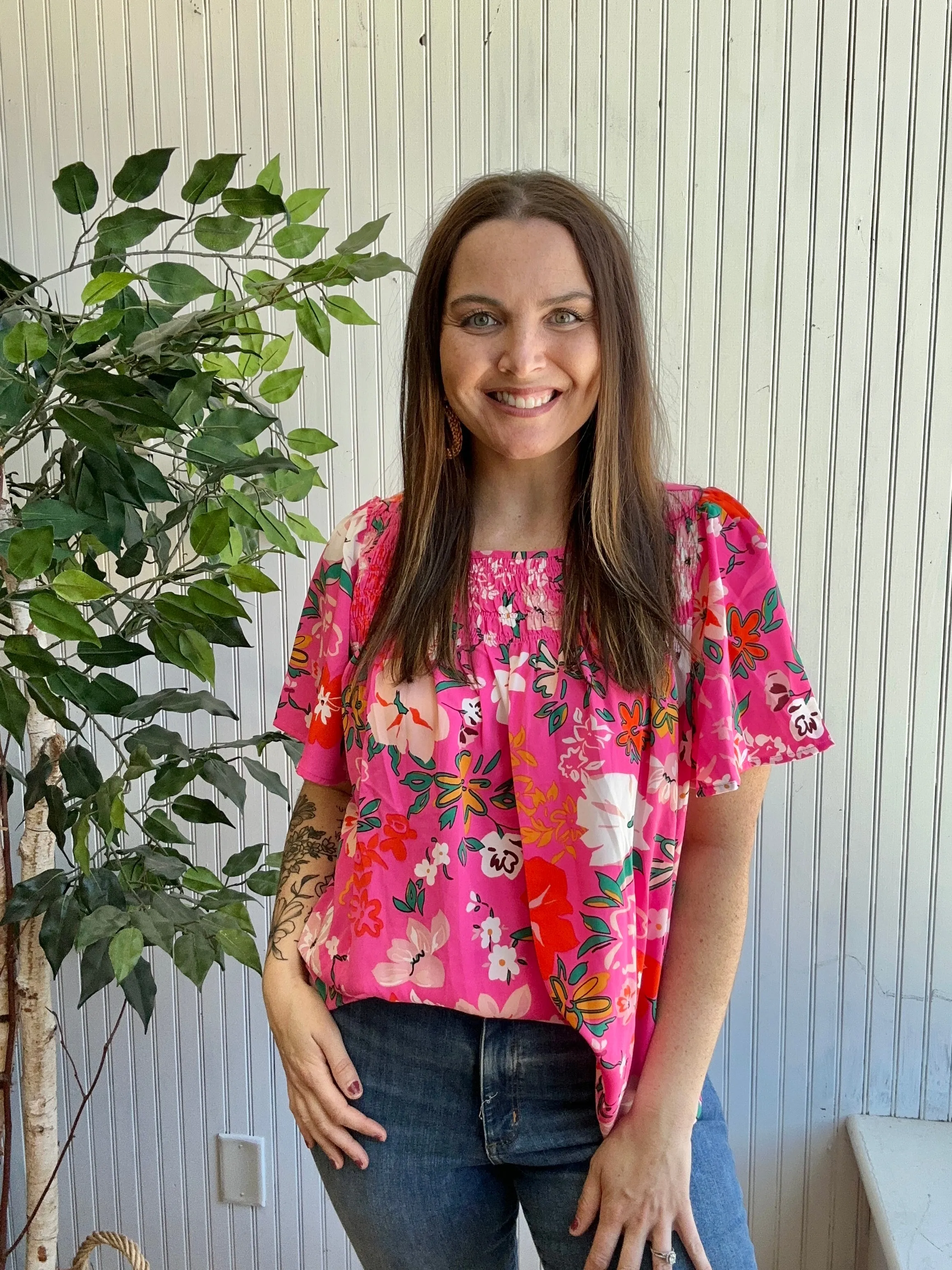 Bright Pink Floral Flounce Sleeve Smocked Blouse