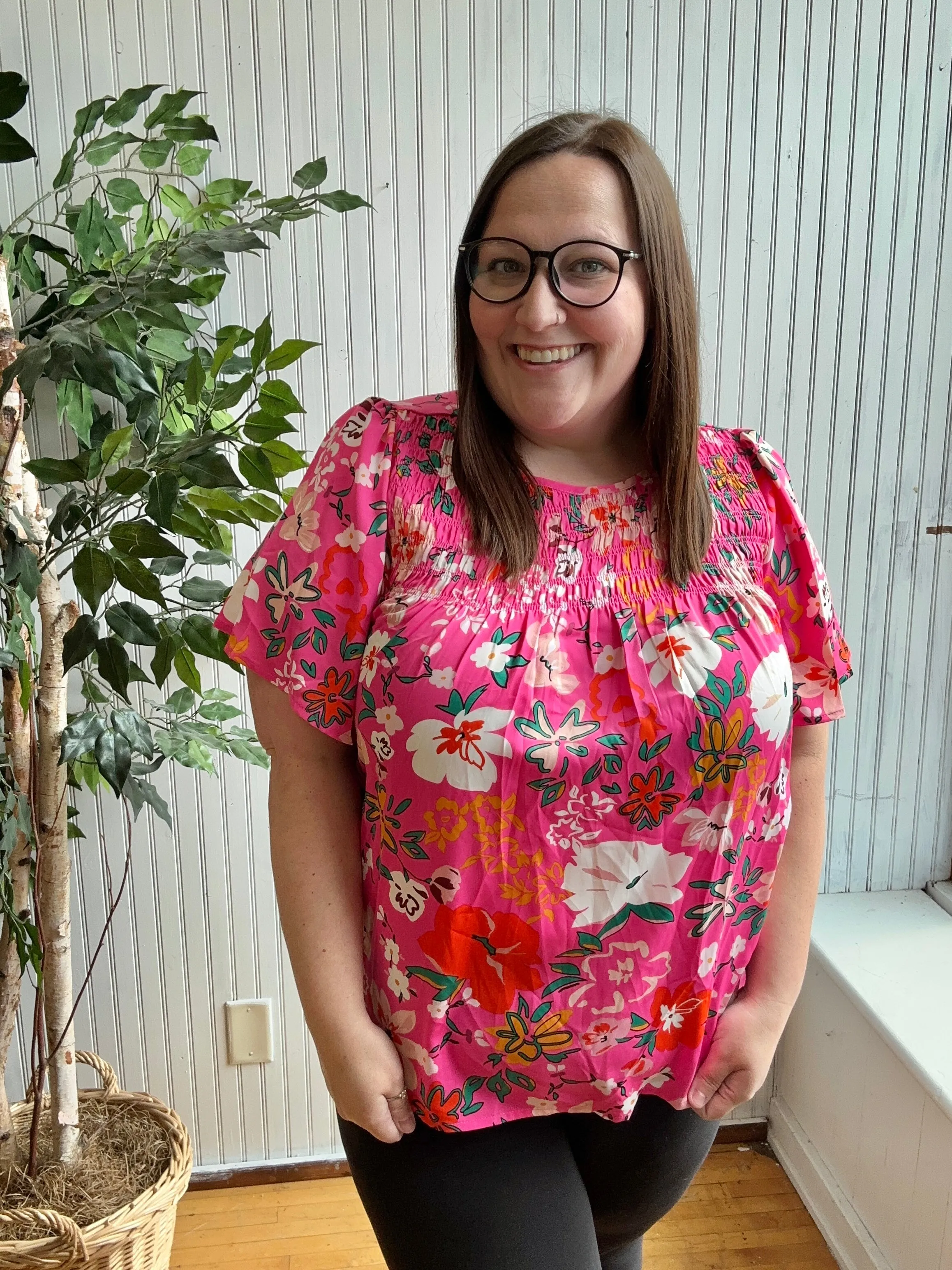 Bright Pink Floral Flounce Sleeve Smocked Blouse