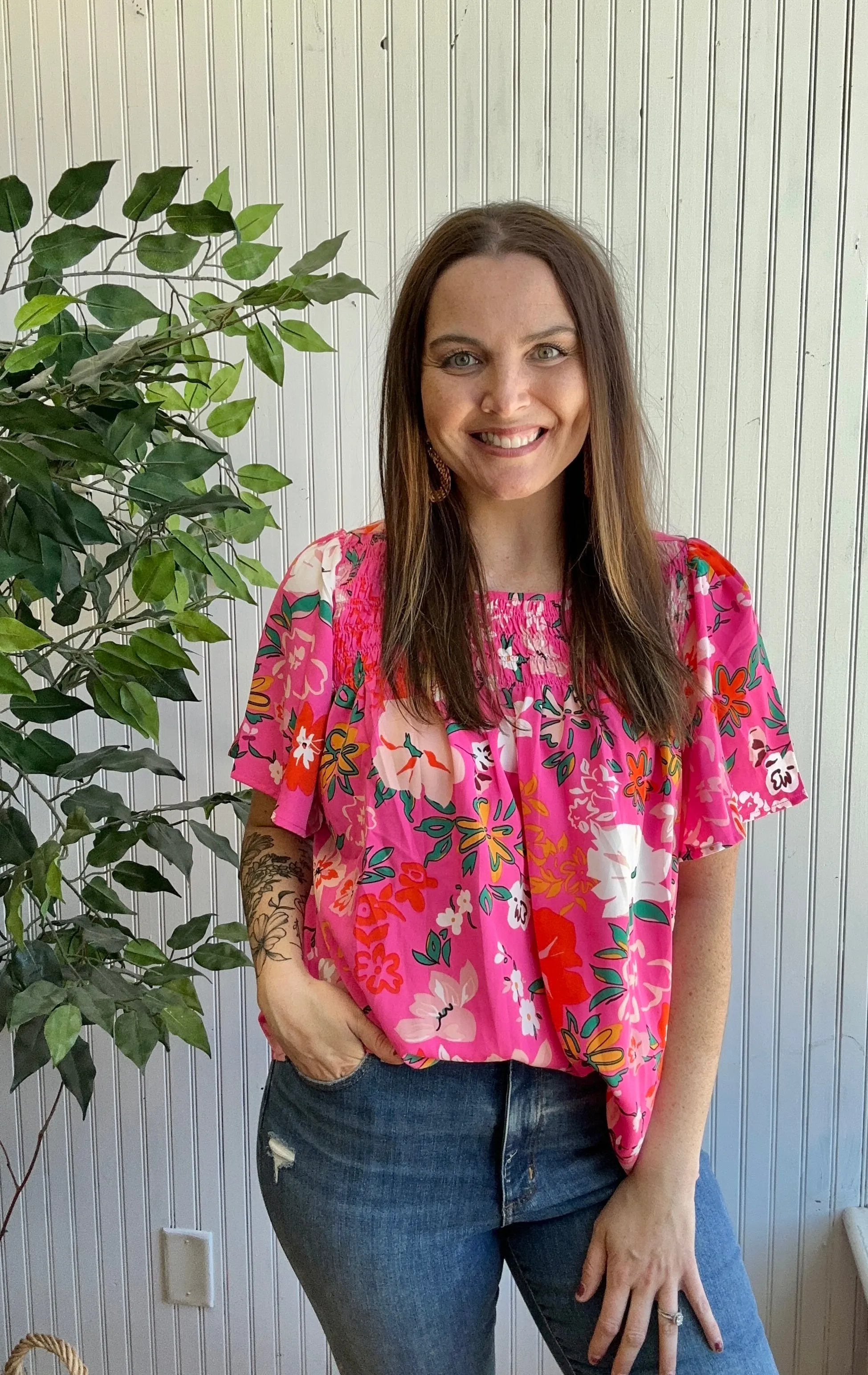 Bright Pink Floral Flounce Sleeve Smocked Blouse