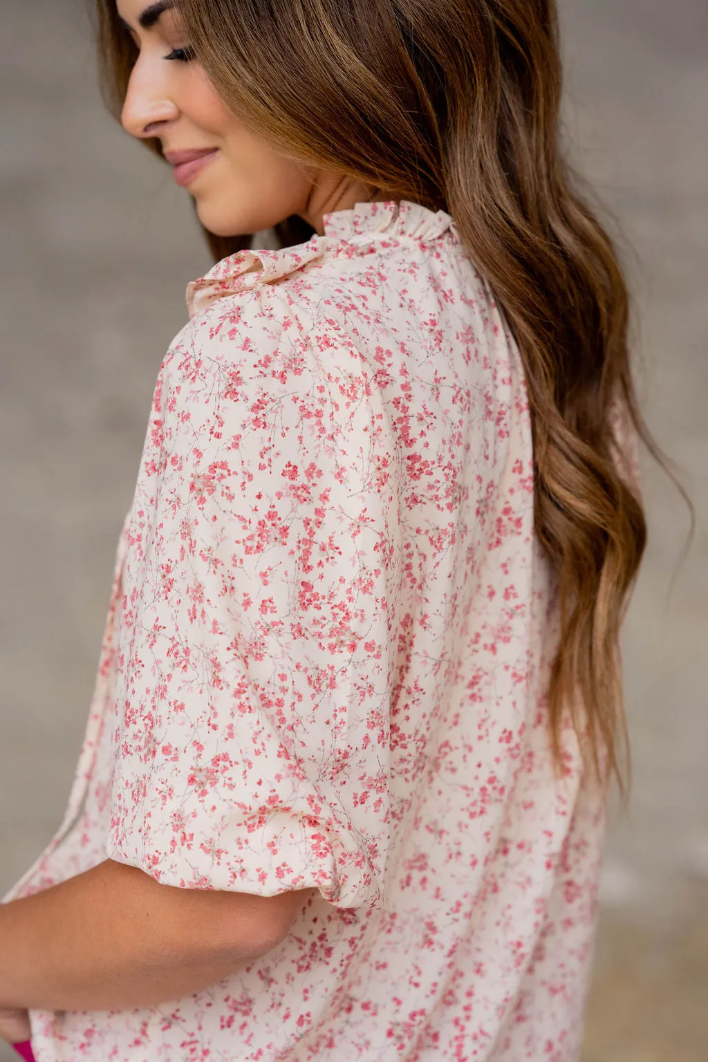 Cherry Blossoms Ruffle Front Blouse