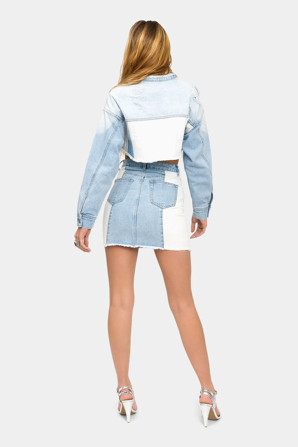 Color Block Denim Jacket Skirt Set