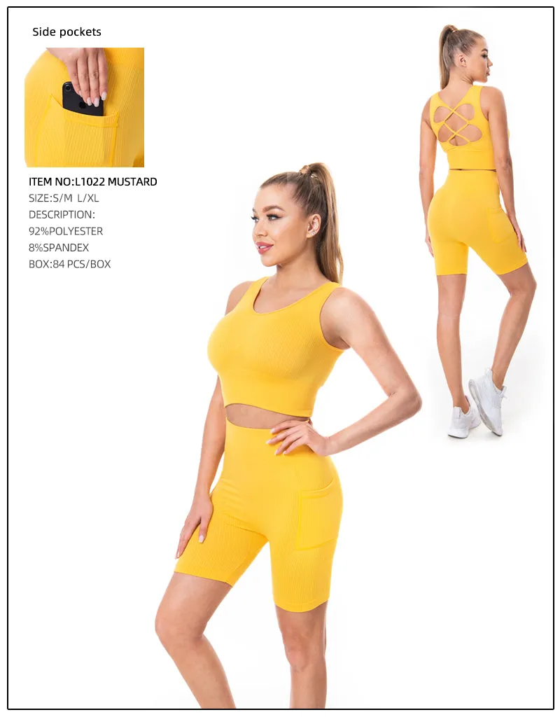 Crop Top & Yoga Pants 2 Pcs Set-Mustard