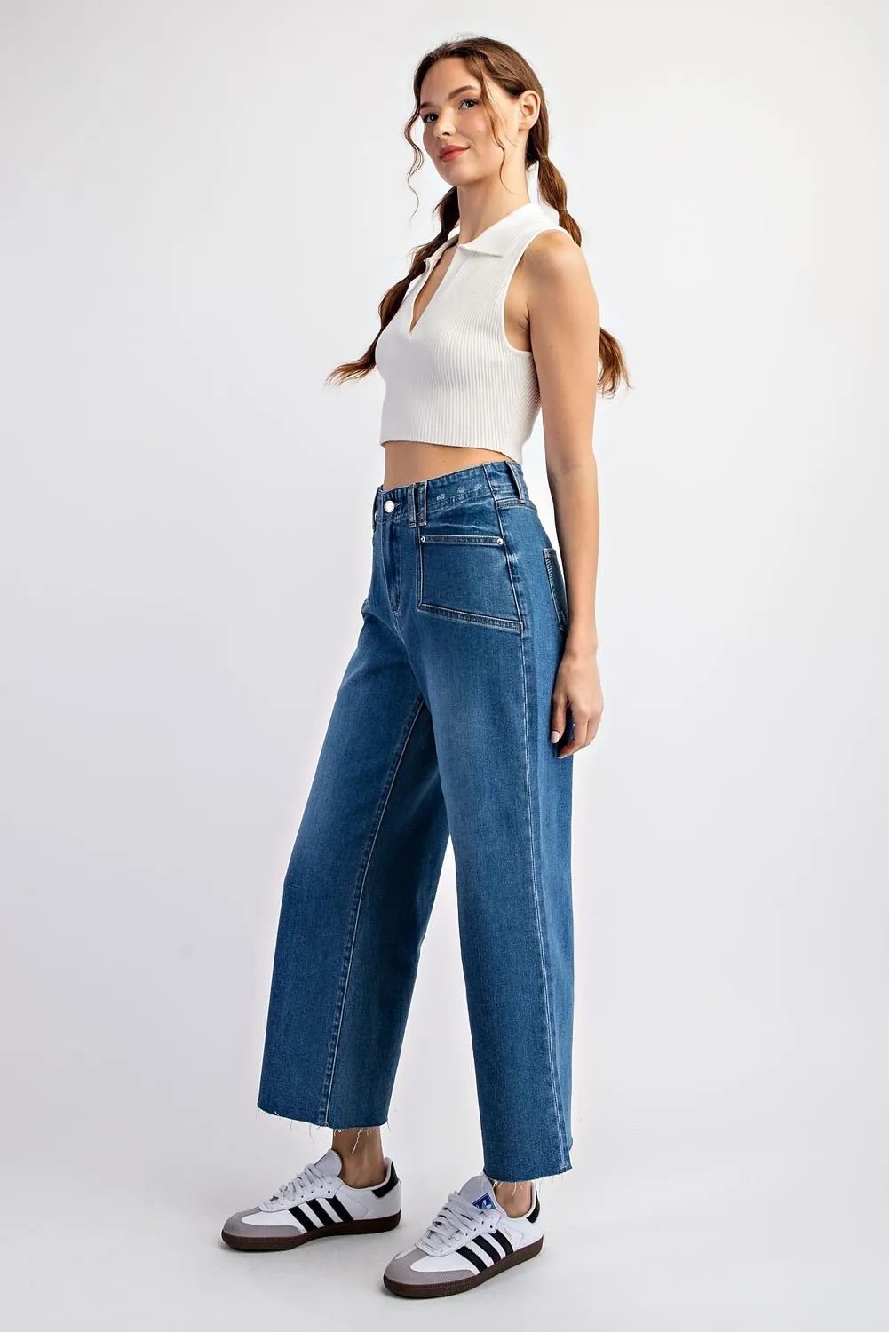 Cropped denim straight leg jeans