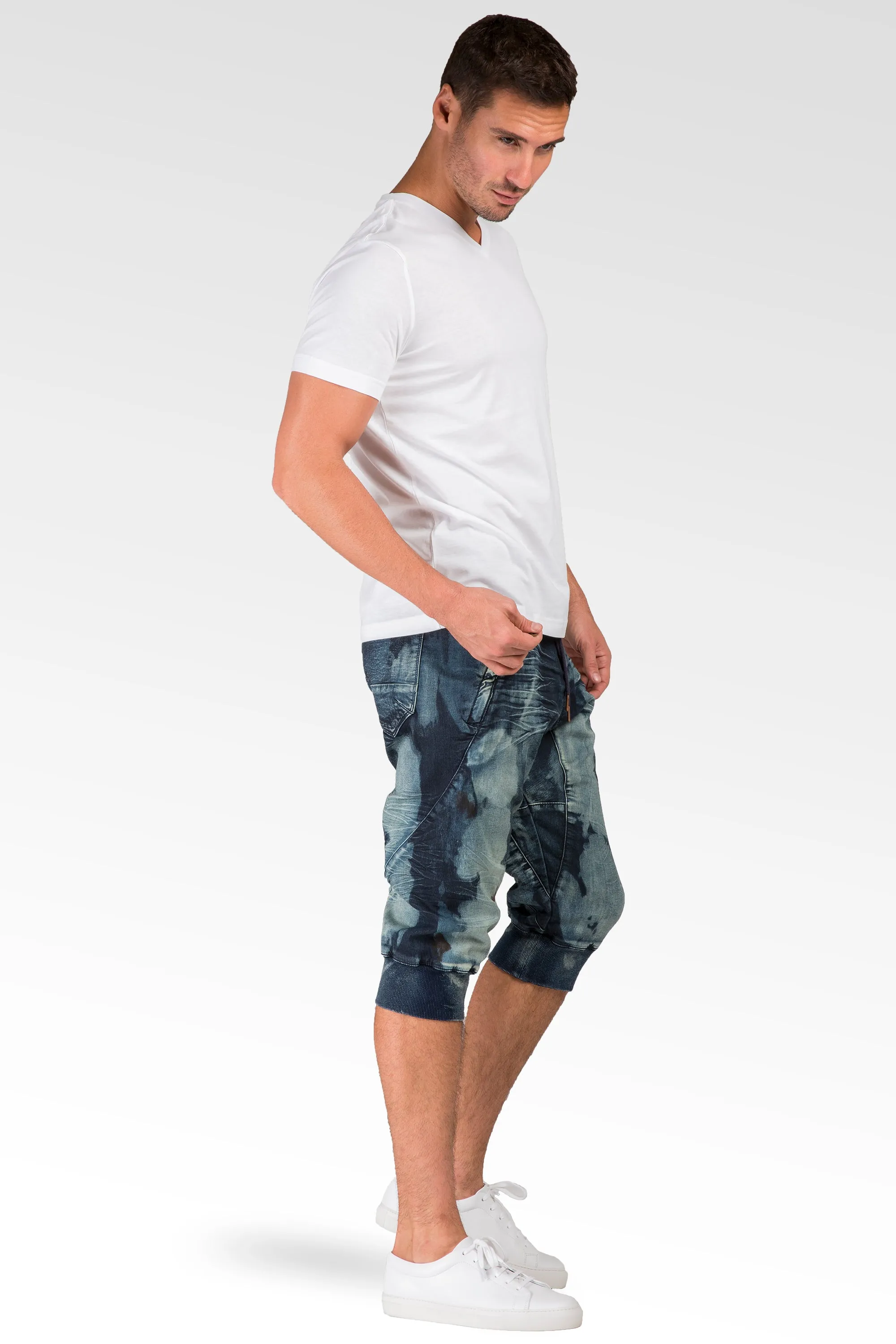 Dark Blue Clouded Wash Premium Knit Denim Jogger Capri Short, Rib Bottom 3D Whiskering 18" Inseam