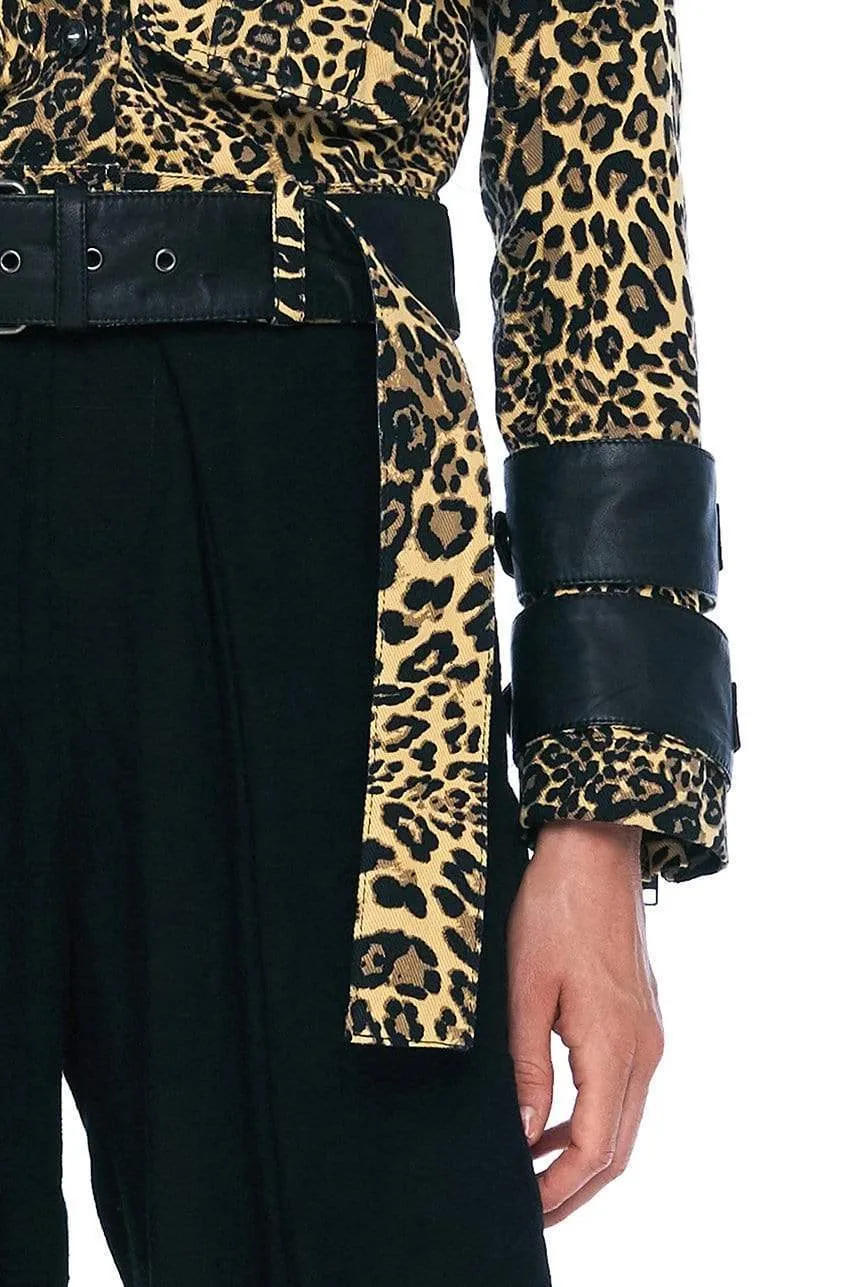 DENIM AND LEATHER BELTED MOTO JACKET IN LEOPARD