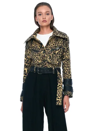 DENIM AND LEATHER BELTED MOTO JACKET IN LEOPARD