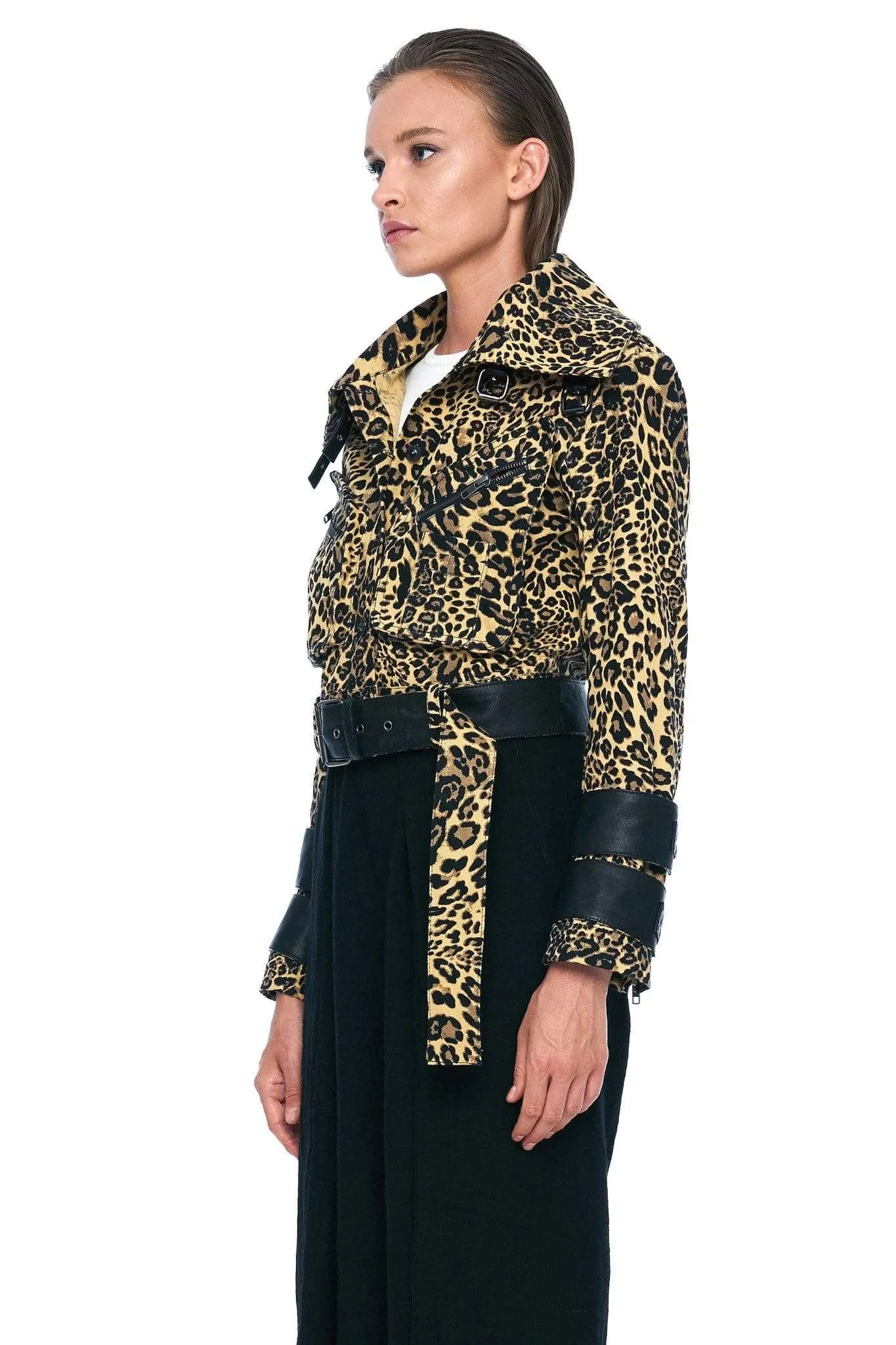 DENIM AND LEATHER BELTED MOTO JACKET IN LEOPARD