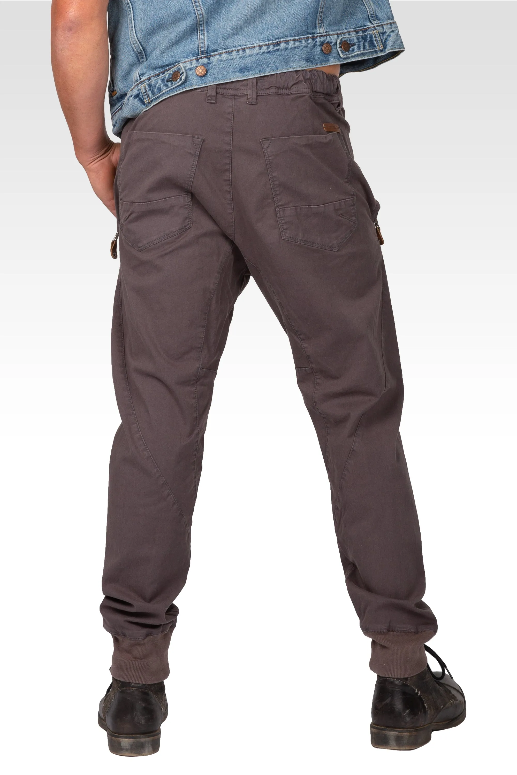 Drop Crotch Premium Washed Charcoal Stretch Twill Jogger Pants With Zipper Pockets