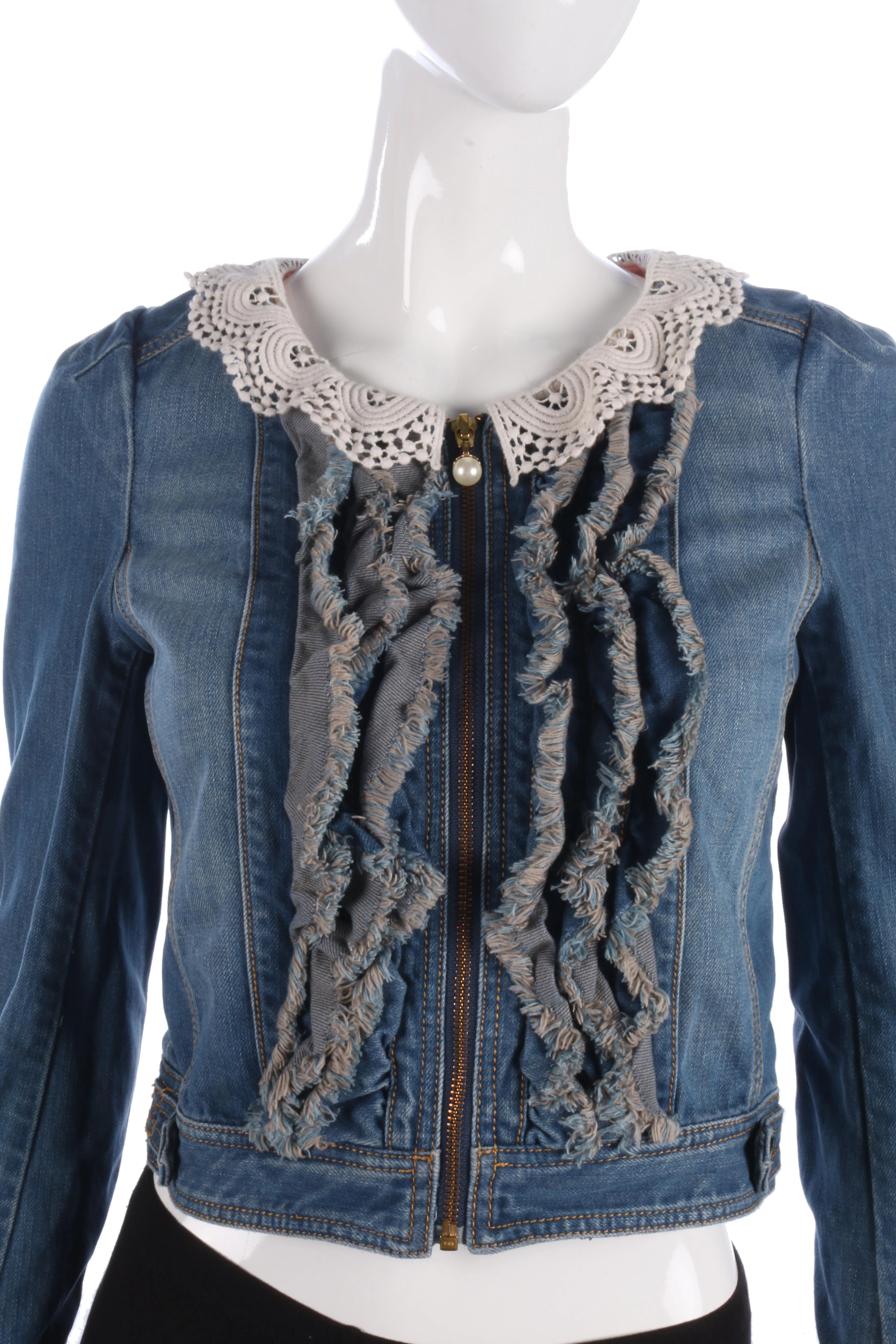 Fabulous Ochirly Blue Denim Jacket with Crotchet Collar Size S