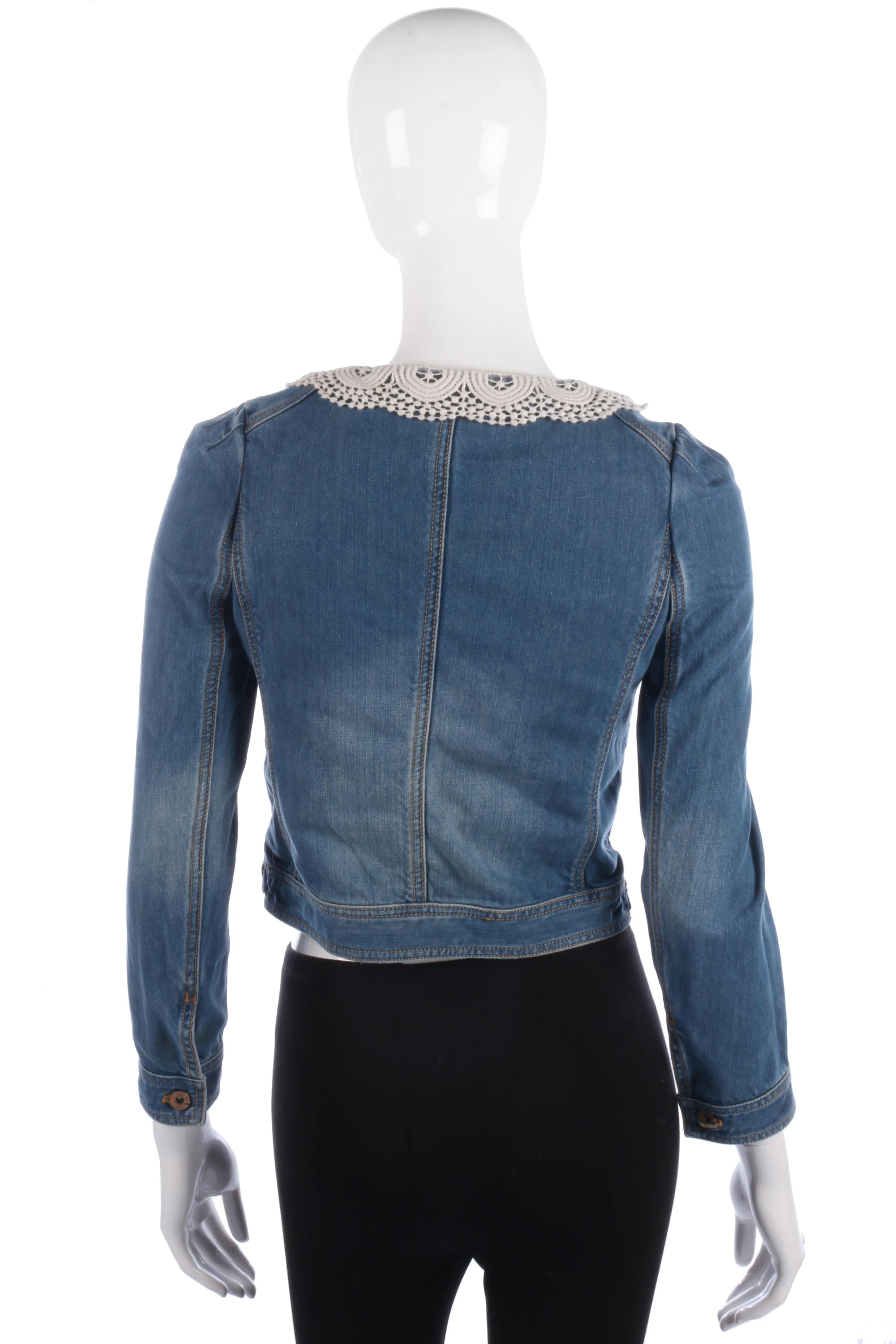 Fabulous Ochirly Blue Denim Jacket with Crotchet Collar Size S