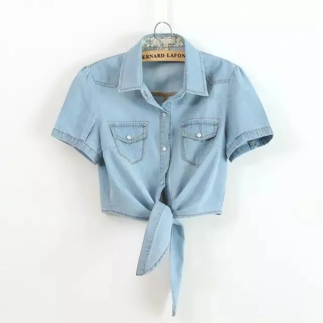 Front Tie Knot Denim shirt Crop Top Jean Blouse