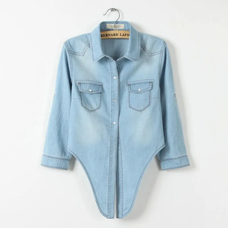 Front Tie Knot Denim shirt Crop Top Jean Blouse