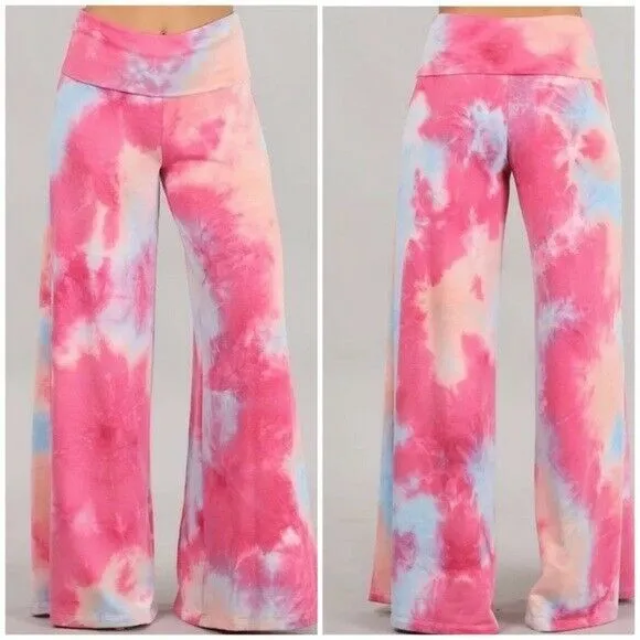 Fuchsia Pink Tie Dye Wide Leg Palazzo Relaxed Fit Foldover Waist Lounge Pants