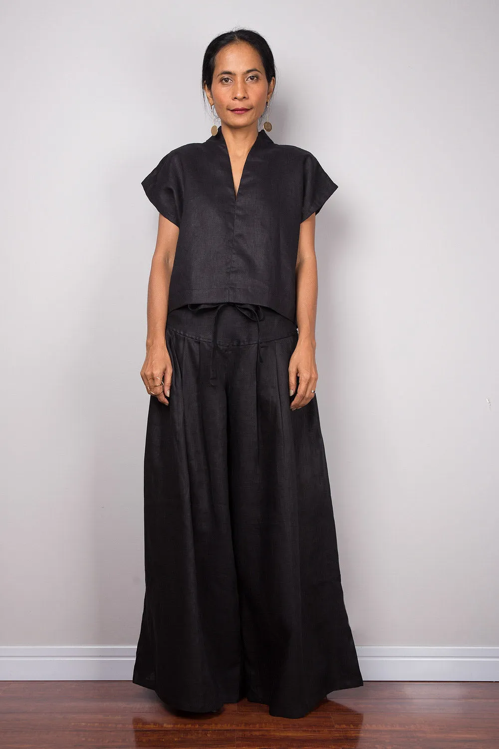 Handmade black linen long wide leg palazzo pants. Black high waist women's summer pants