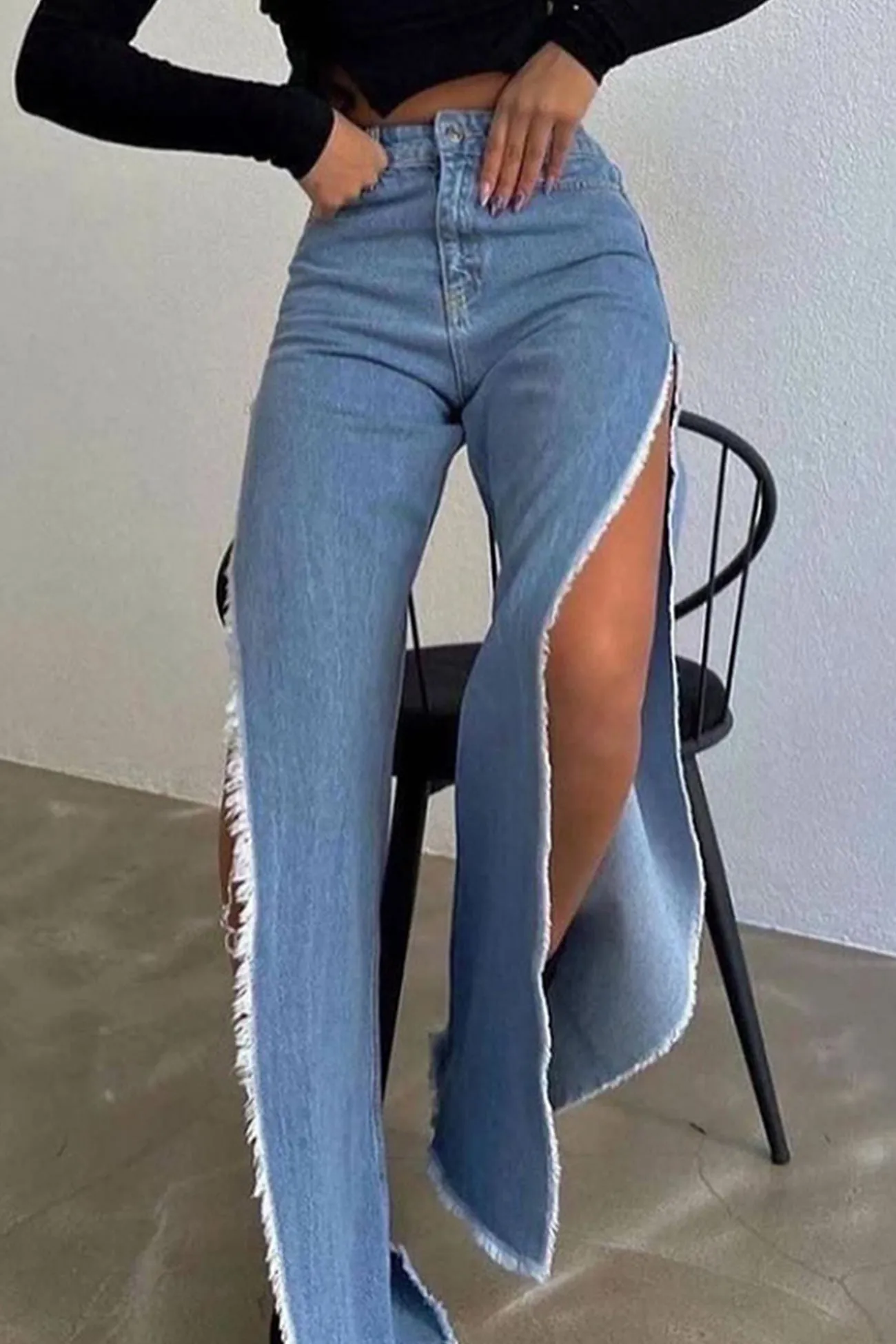 High Waist Solid Color High Slit Jeans