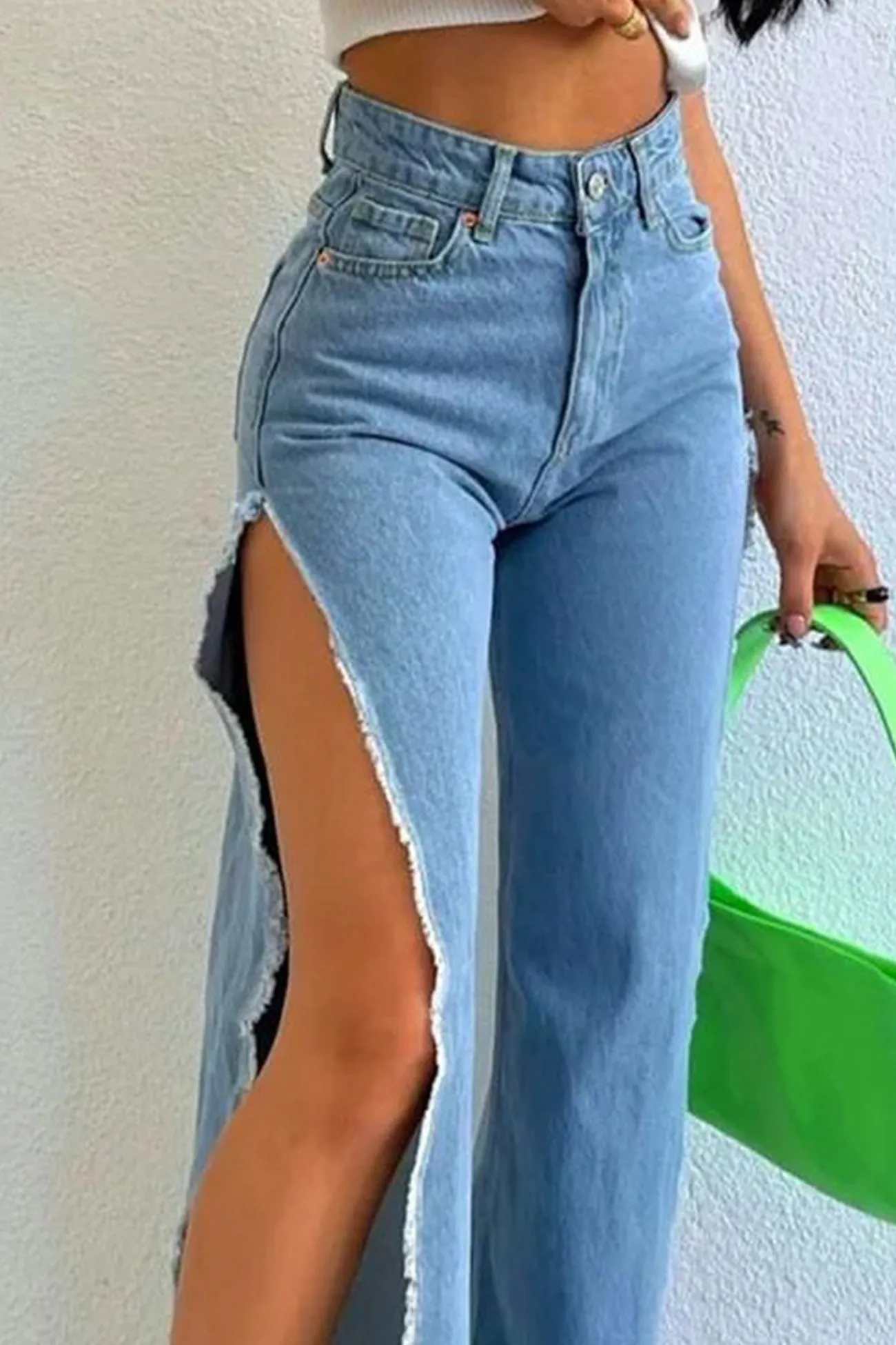 High Waist Solid Color High Slit Jeans