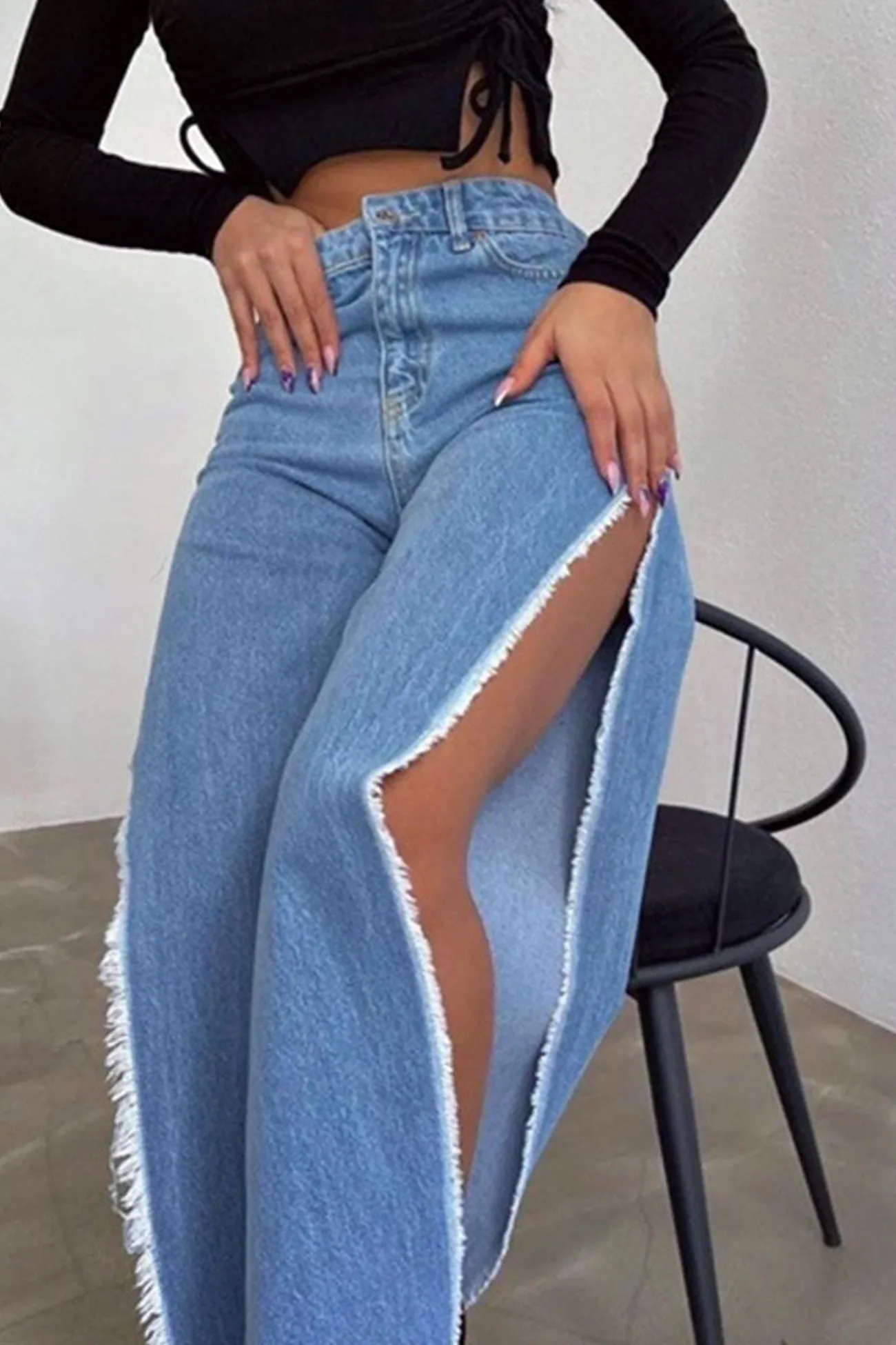 High Waist Solid Color High Slit Jeans