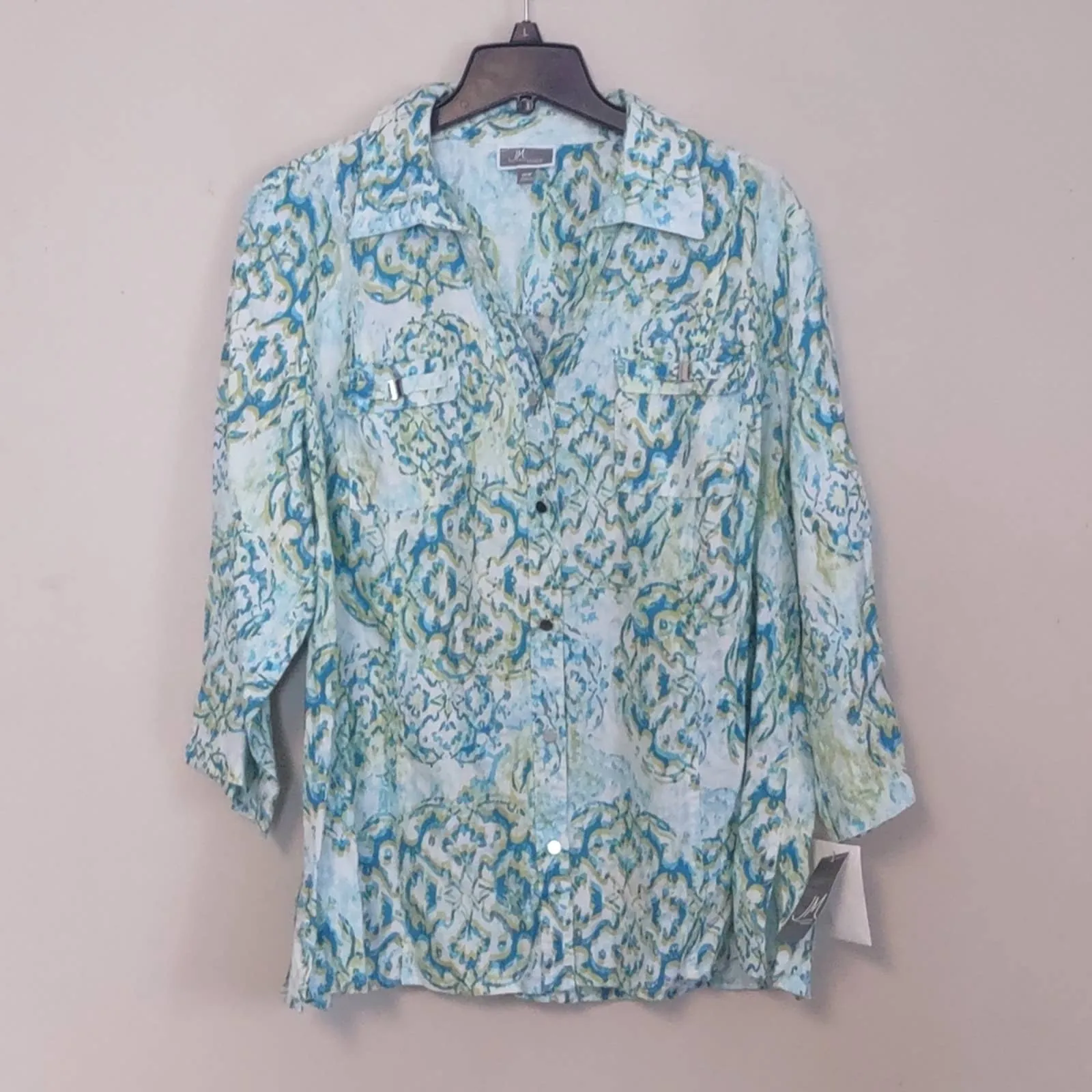 JM Collection All Linen Watercolor Print Button Up Top