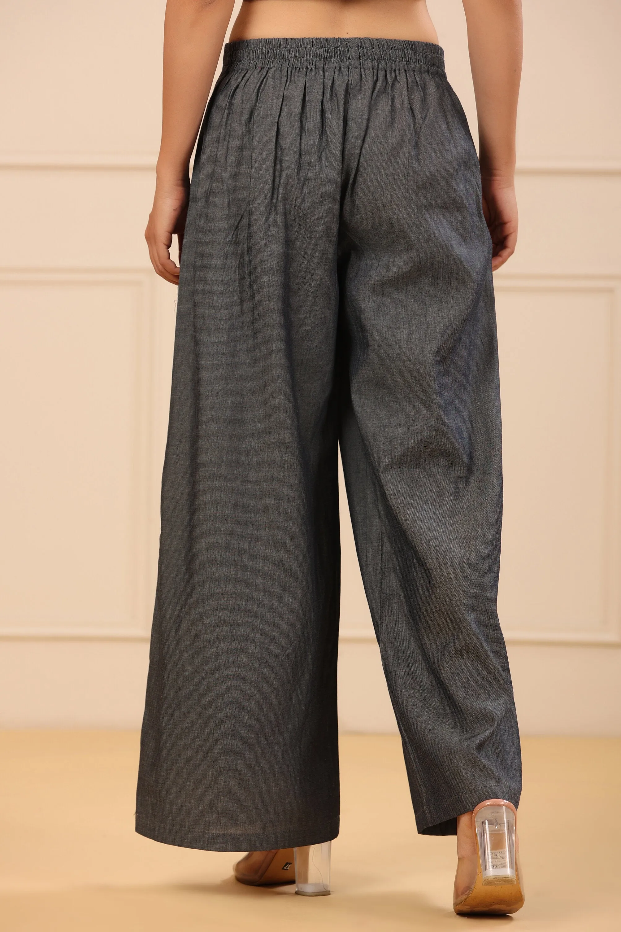 Juniper Grey Solid Denim Flared Palazzos with a Button Closure & Partially Elasticated Waistband