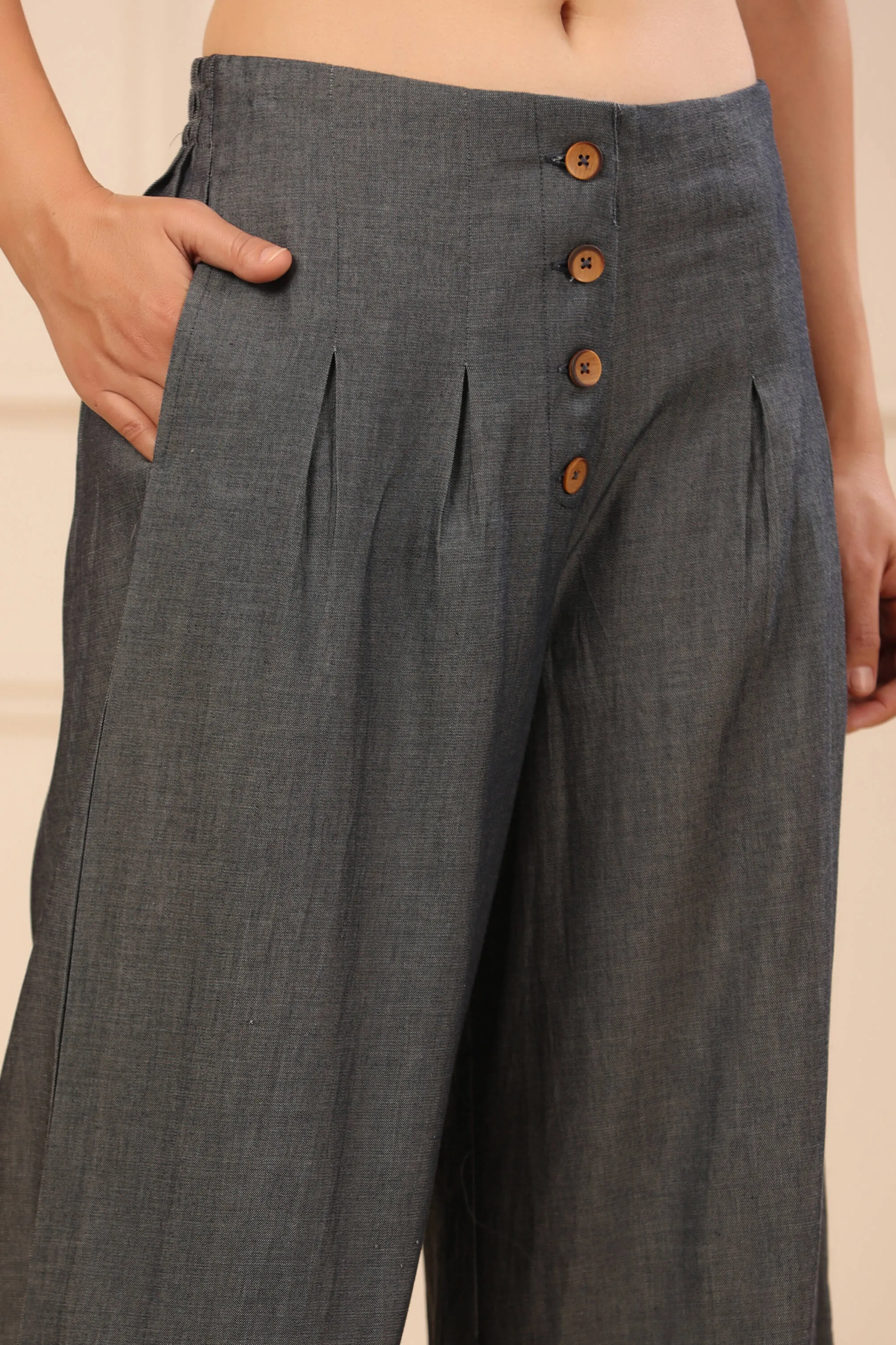 Juniper Grey Solid Denim Flared Palazzos with a Button Closure & Partially Elasticated Waistband