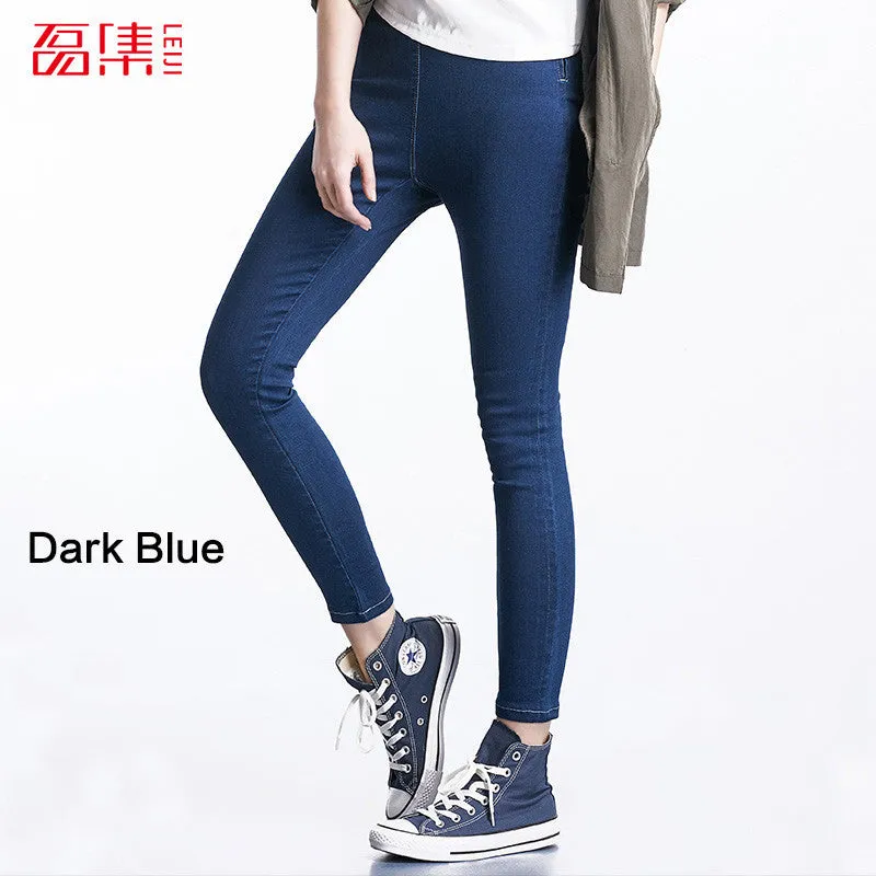 Leiji Fashion S 6XL Blue Leggings 2016 Summer Autumn High Waist Elastic plus Size women Skinny jeans Femme Capris denim pants