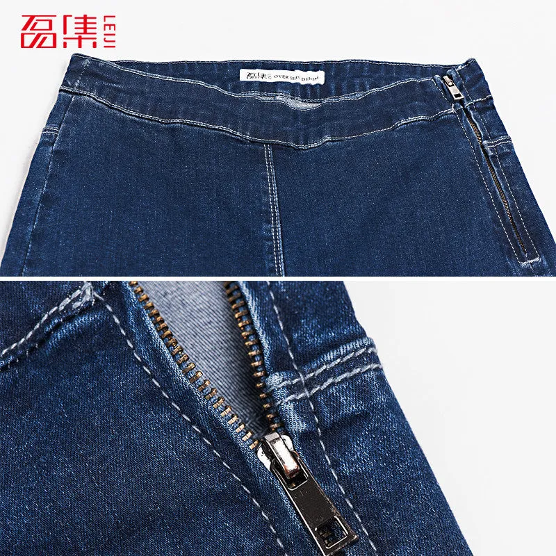 Leiji Fashion S 6XL Blue Leggings 2016 Summer Autumn High Waist Elastic plus Size women Skinny jeans Femme Capris denim pants