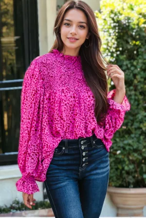 Leopard Shirred Puff Sleeve Flowy Blouse