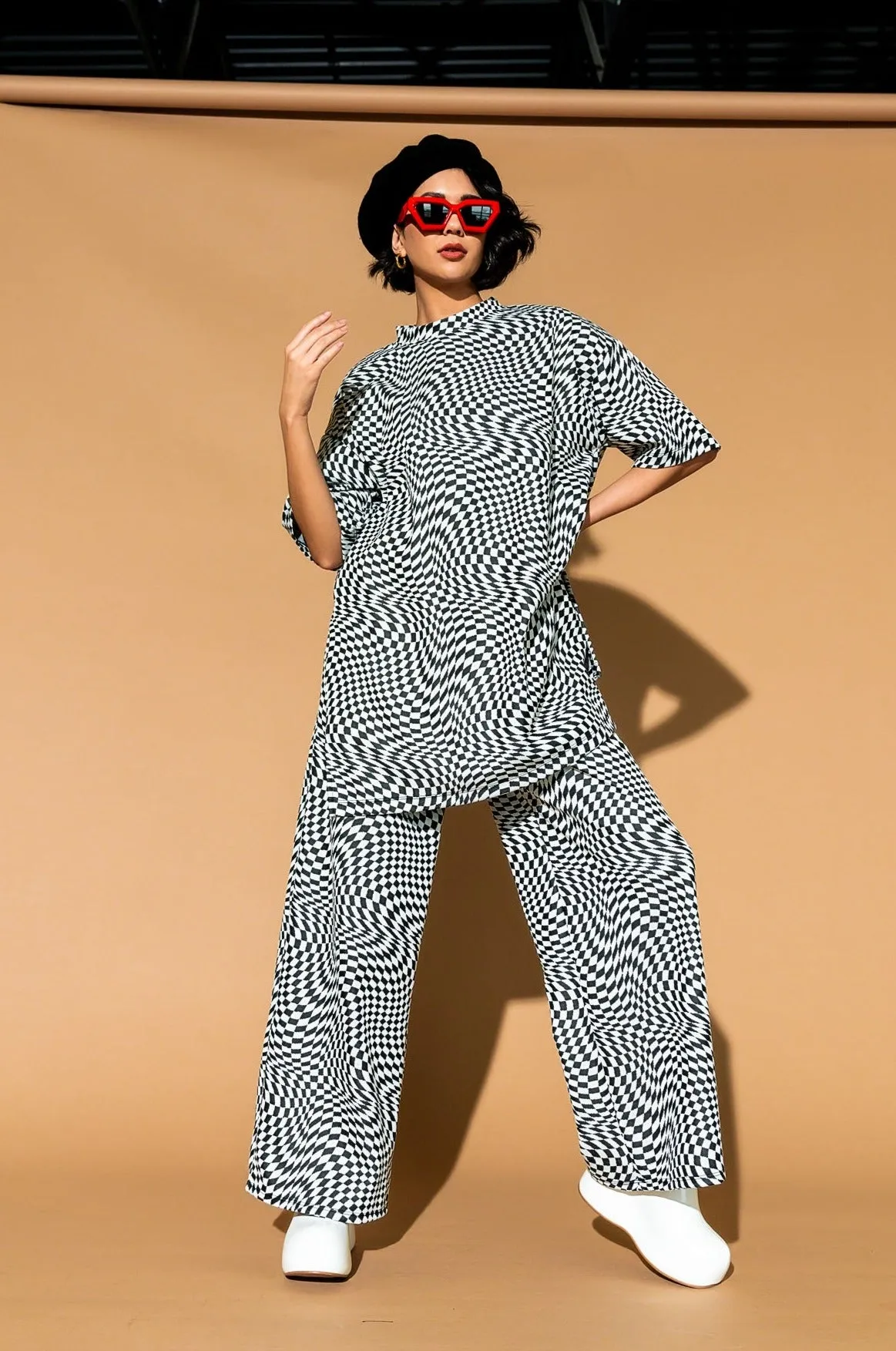 Leveled Up Double Knit Playsuit in Groovy Black Checker