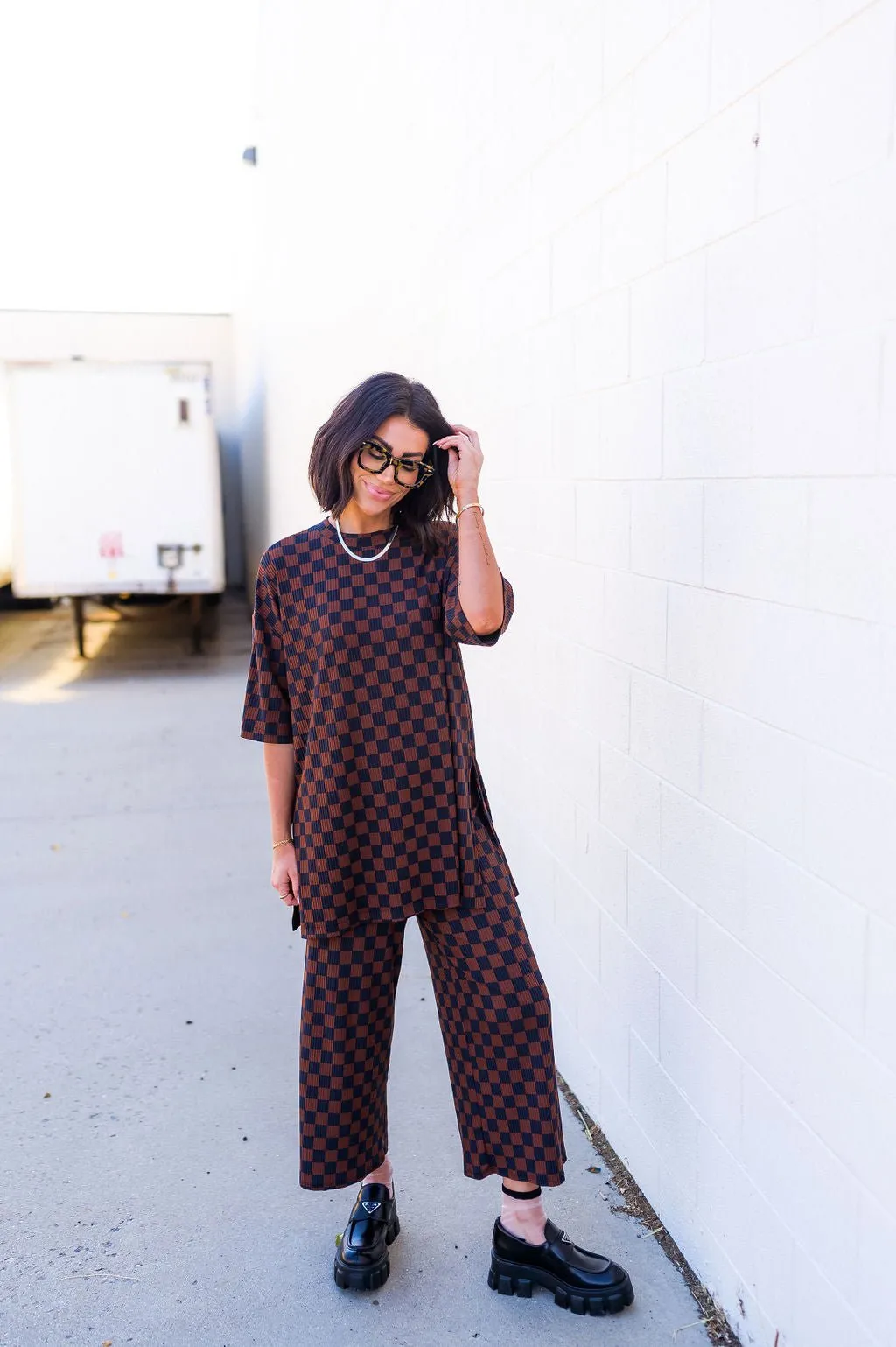 Lex Ribbed Checkerboard Playsuit in Black   Mocha