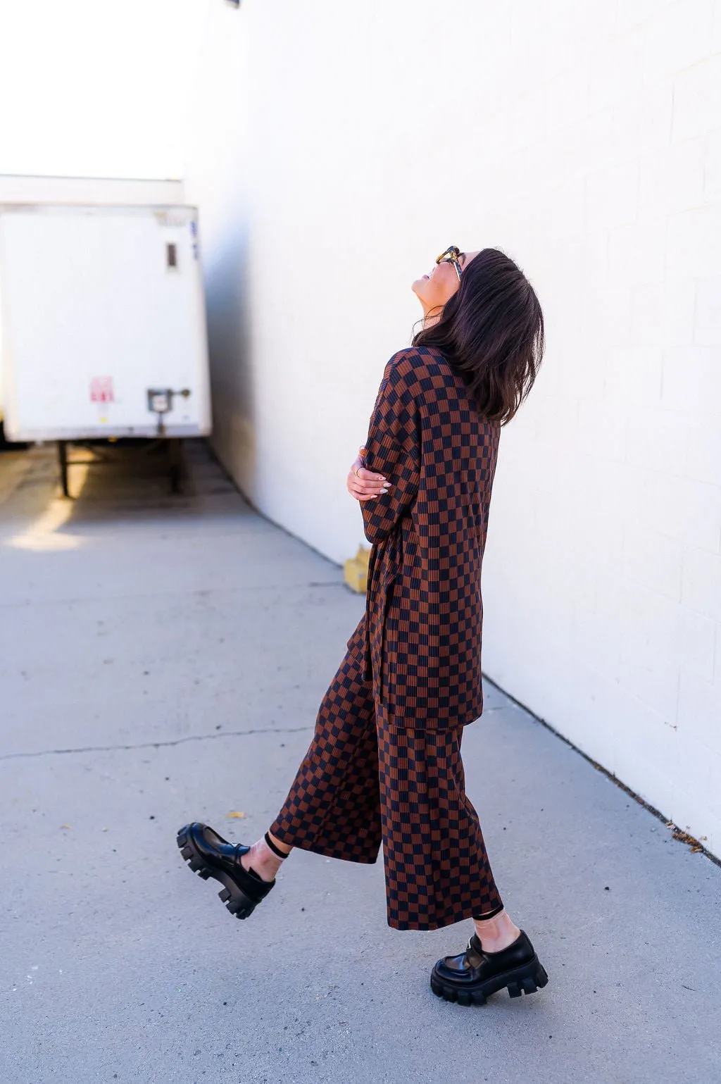 Lex Ribbed Checkerboard Playsuit in Black   Mocha