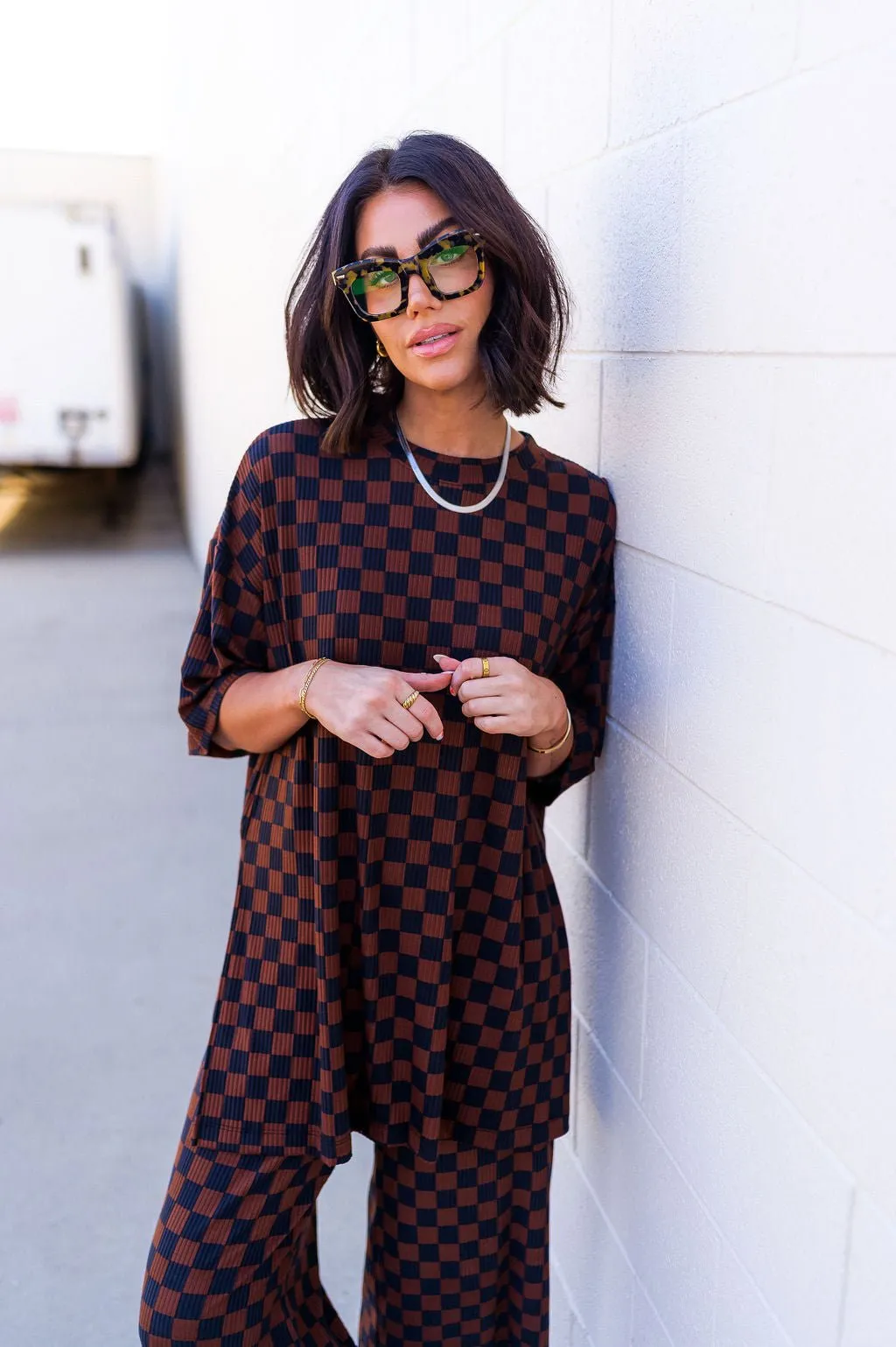 Lex Ribbed Checkerboard Playsuit in Black   Mocha