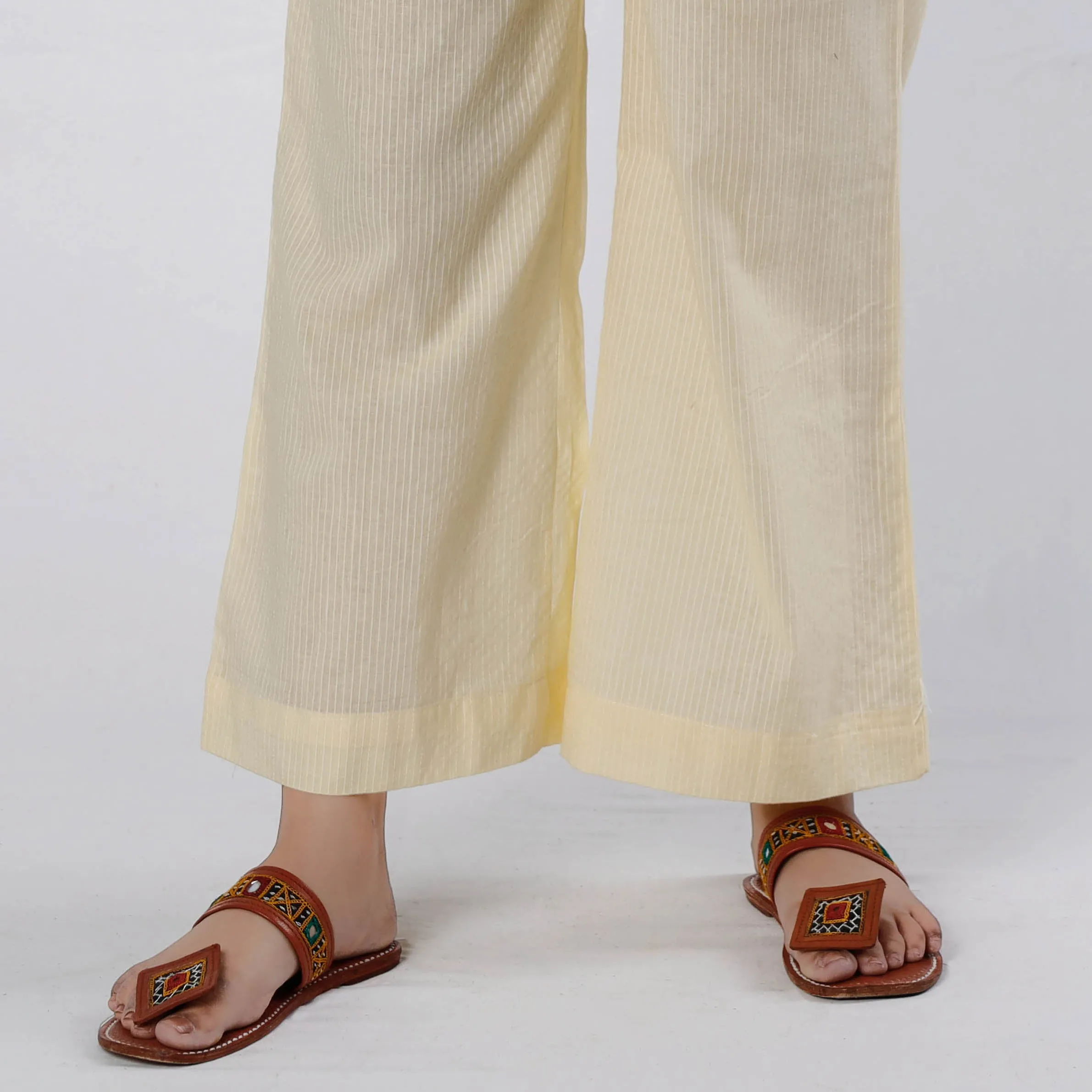 Light Yellow - Running Stitch Cotton Palazzo by iTokri Casuals