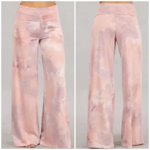 Lilac Mauve Tie Dye Wide Leg Palazzo Relaxed Fit Foldover Waist Lounge Pants