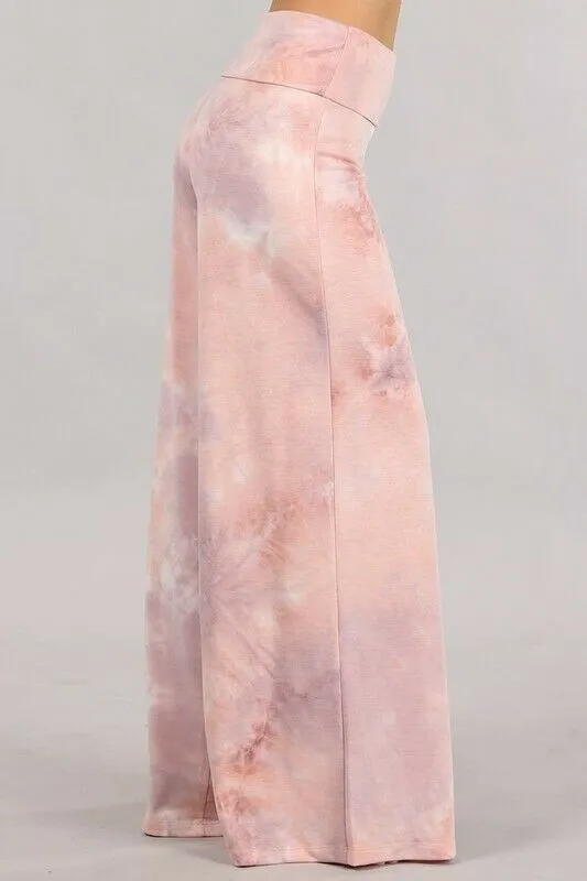 Lilac Mauve Tie Dye Wide Leg Palazzo Relaxed Fit Foldover Waist Lounge Pants