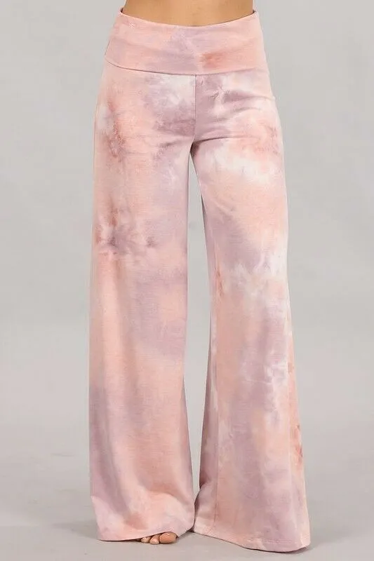 Lilac Mauve Tie Dye Wide Leg Palazzo Relaxed Fit Foldover Waist Lounge Pants